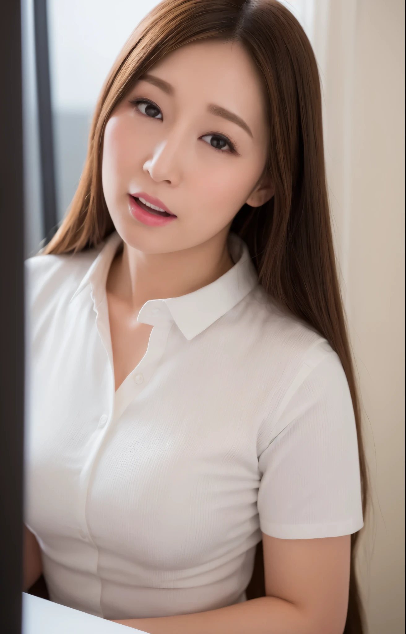 (8k, RAW photo, best quality, masterpiece:1.2), (realistic, photo-realistic:1.37), ultra-detailed, 1 woman, large aperture, Sony A7R4, Zessie 50mm F1.8, busty in white silk collared buttoned up shirt