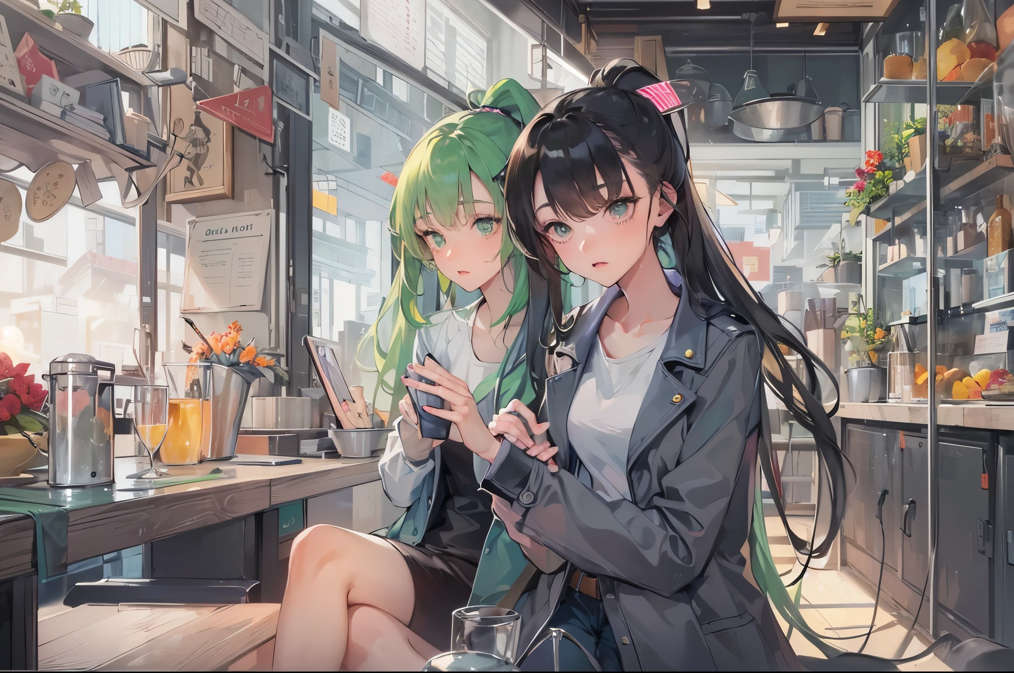 perfect anatomy, masterpiece:1.2, best quality, 8k, beautiful detailed grow, daydreaming expression, (2 girls in a casual spring coat), (a ponytail green hair long hair cute girl yo) and (a straight black hair long hair cute femdom girl 17o), break, in the cafe.