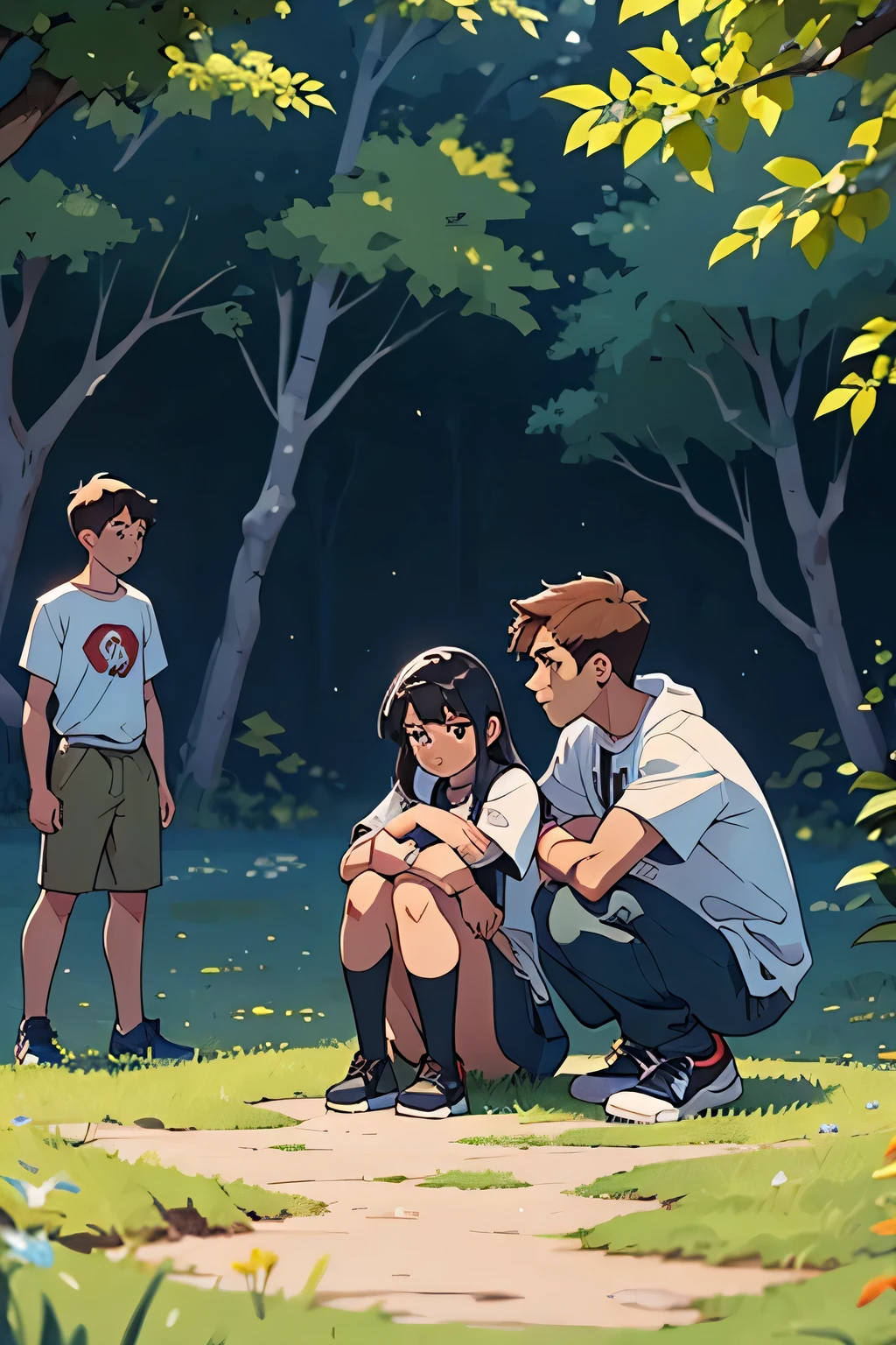 three young people in their twenties are in a green field, the bright sunny day, the view is seen from a medium distance and at a high right side angle, they are looking at the ground. They are in a diagonal line to the ground.. The first person is placed further to the left., frente a 3/4 in front and are crouched hugging their knees with their left hand extended. The next person in the middle is a young man., es alto y tiene la cabeza inclinada, sus hombros se hunden, Se ve triste. y la tercera persona, a tall girl is standing behind the young man with her body slightly leaning towards him at 3/4 almost from behind, she is putting a hand on his shoulder and looks worried
