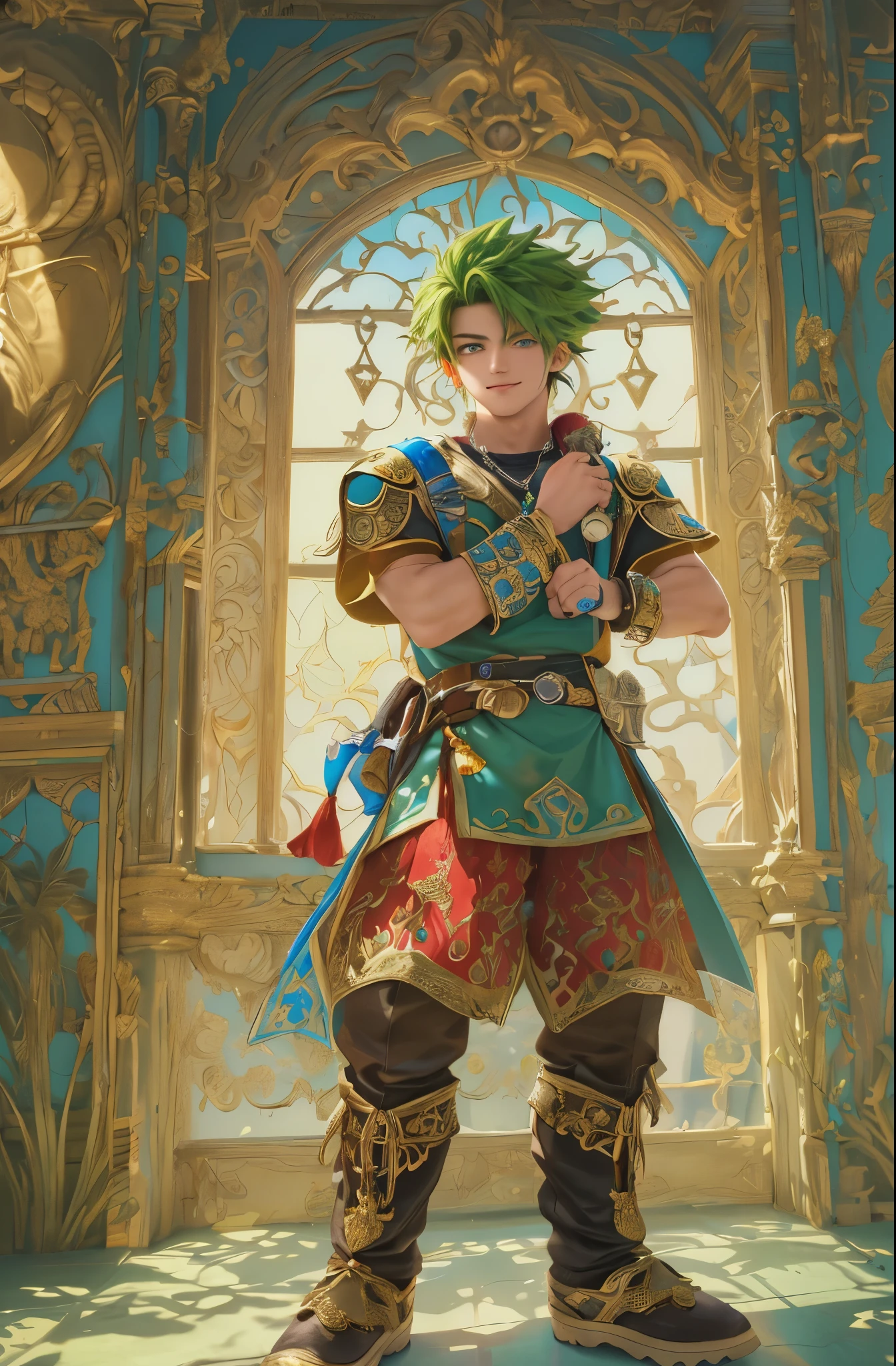 ((absurdres, highres, ultra detailed, perfect face), 1 male, front view, teen boy, handsome boy villain character from legend of mana, short hair, anime eyes, casual clothes with colorful details, eyes on the viewer, add red details to picture and smirk, dimples, extremely detailed CG unity 8k wallpaper, add blue details on side, intricate details and add yellow details on left, detailed interior item shop, weapon ornaments on walls, beside the window, detailed scenery
