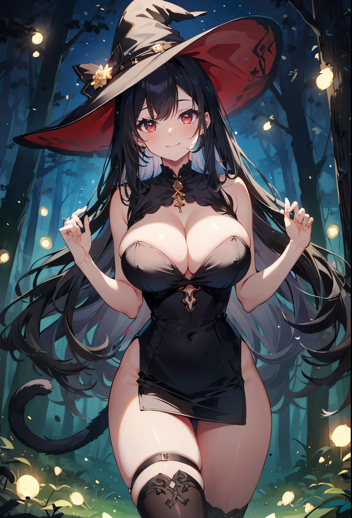 high quality, ultra detailed, best quality, insanely detailed, beautiful, masterpiece, 1girl, solo, illustration, night forest, particle lights, cowboy shot, looking at viewer, red eyes, long hair, bangs, black hair, witch, witch hat, bodycon dress, cat tail, large breasts, cleavage, thighs, closed mouth, smile, blush