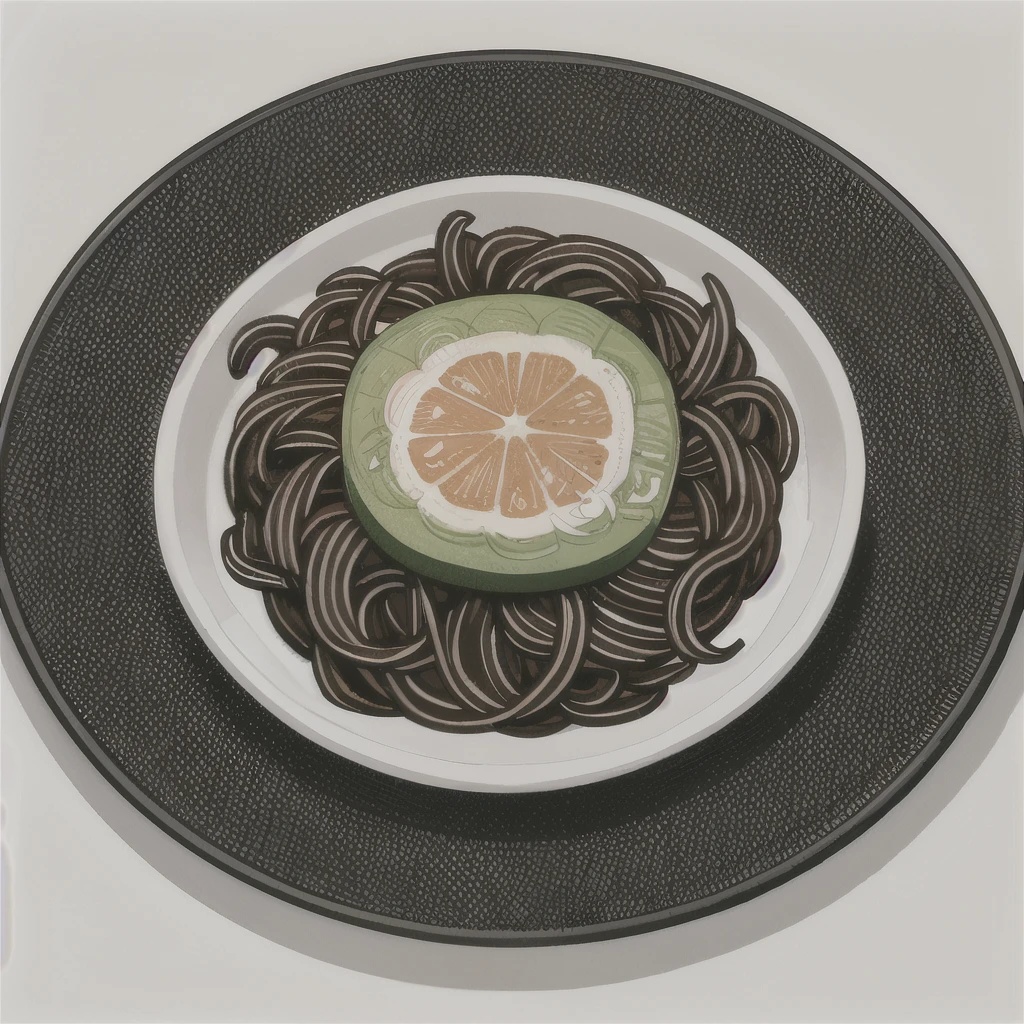 Make a sticker about black noodles in a plate with a little bit of toppings. Make it look delicious.