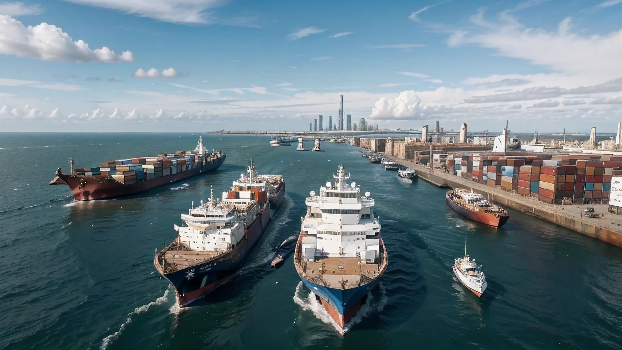 (best quality,4k,highres:1.2),ultra-detailed,realistic,crystal-clear,sharp focus,vivid colors,studio lighting,physically-based rendering,professional, a ship transiting through a busy maritime channel, port city bustling with activities, hustling bustling harbor with numerous cargo ships and fishing boats, container terminal filled with stacks of colorful shipping containers, busy docks with cranes loading and unloading cargo, sailors working on the decks of the ship, tugboats guiding the ship through the narrow waterway, water reflections shimmering in the sunlight, seagulls soaring in the sky above, waves crashing against the pier, the city skyline towering in the background, skyscrapers and high-rise buildings creating a vibrant backdrop, busy streets with cars, buses, and pedestrians, flags fluttering in the wind, a sense of energy and movement captured in the scene.