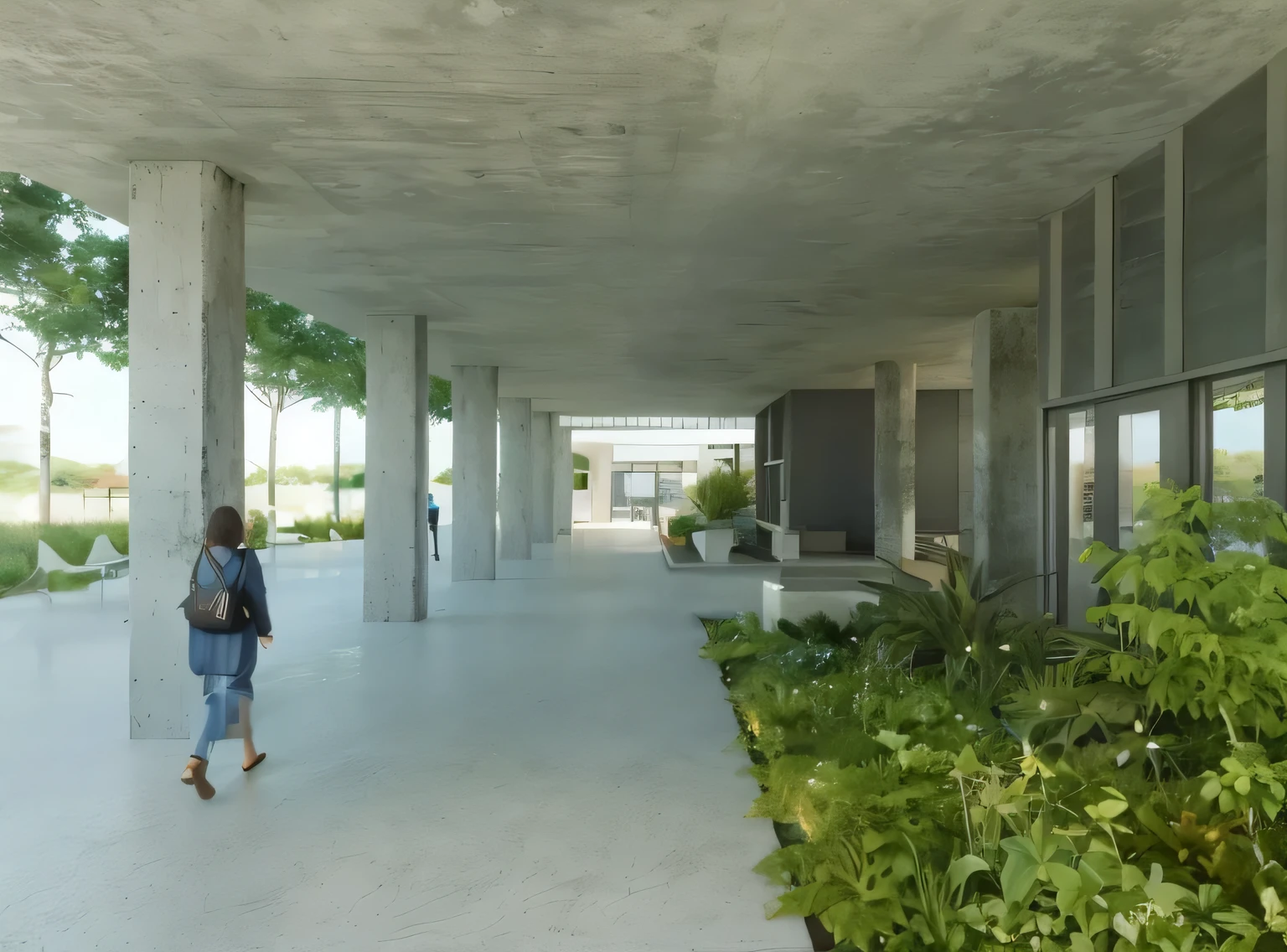 there is a woman walking down the walkway of a building, View at ground level, View at ground level, artistic print, View at ground level, architectural rendering, digital Rendering, green terrace, Perspective view, detalhado Rendering, detail rendering, architectural Rendering, architectural rendering, Rendering, photographic rendering, pilares de concreto, professional rendering, architectural visualization, perspectiva do solo; detalhado