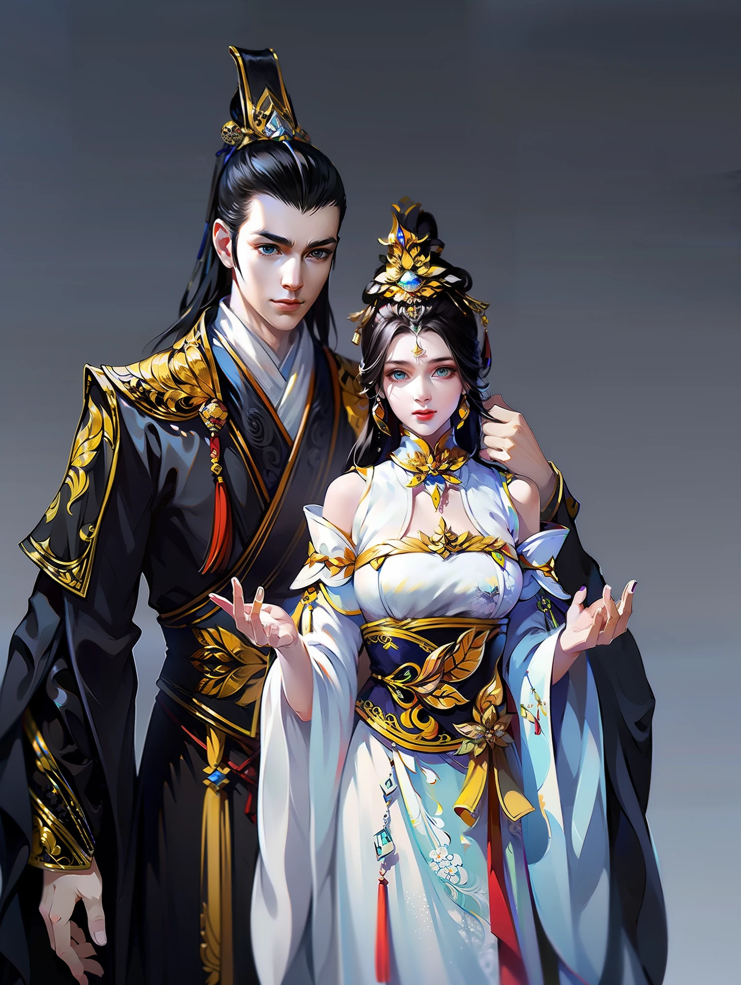 （masterpiece，super detailed，HD details，highly detailed art）1 male and 1 female，couple, Half body，Xianxia，black，gorgeous costumes，elegant，Highly detailed character designs from East Asia，Game character costume design，ultra high resolution, sharp focus, epic work, masterpiece, (Very detailed CG unified 8k wallpaper)，pretty face，beautiful eyes，HD details