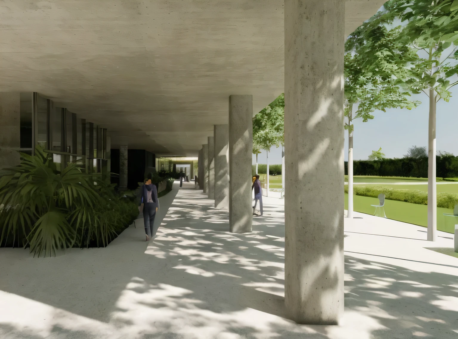 There are people walking along a walkway between two buildings, pilares de concreto, artistic print, digital Rendering, elegantes Passarelas entre torres, colunata, a digital Rendering, architectural rendering, Rendering, View at ground level, View at ground level, architectural visualization, detail rendering, View at ground level, artistic print, inspirado em David Chipperfield, tropical, jardim