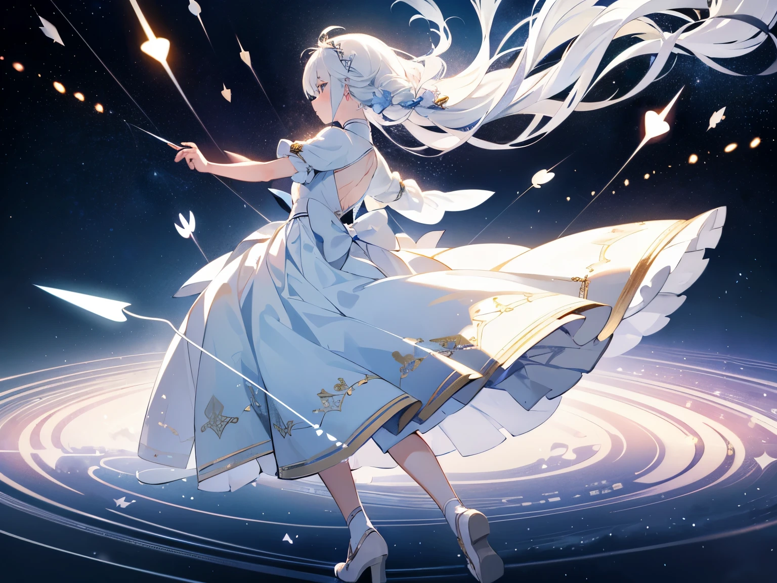 (Masterpiece, best quality) detailed, character sheet, many items (arrow and bow), + a girl who shy and lovely, (ethereal, dreamlike), (white hair girl), (dancing in the space), (floating dress), (graceful movements), cosmic background, celestial glow, serene atmosphere, hypnotic, enchanting, otherworldly, seamless motion, high resolution, detailed textures, ethereal lighting, mesmerizing.