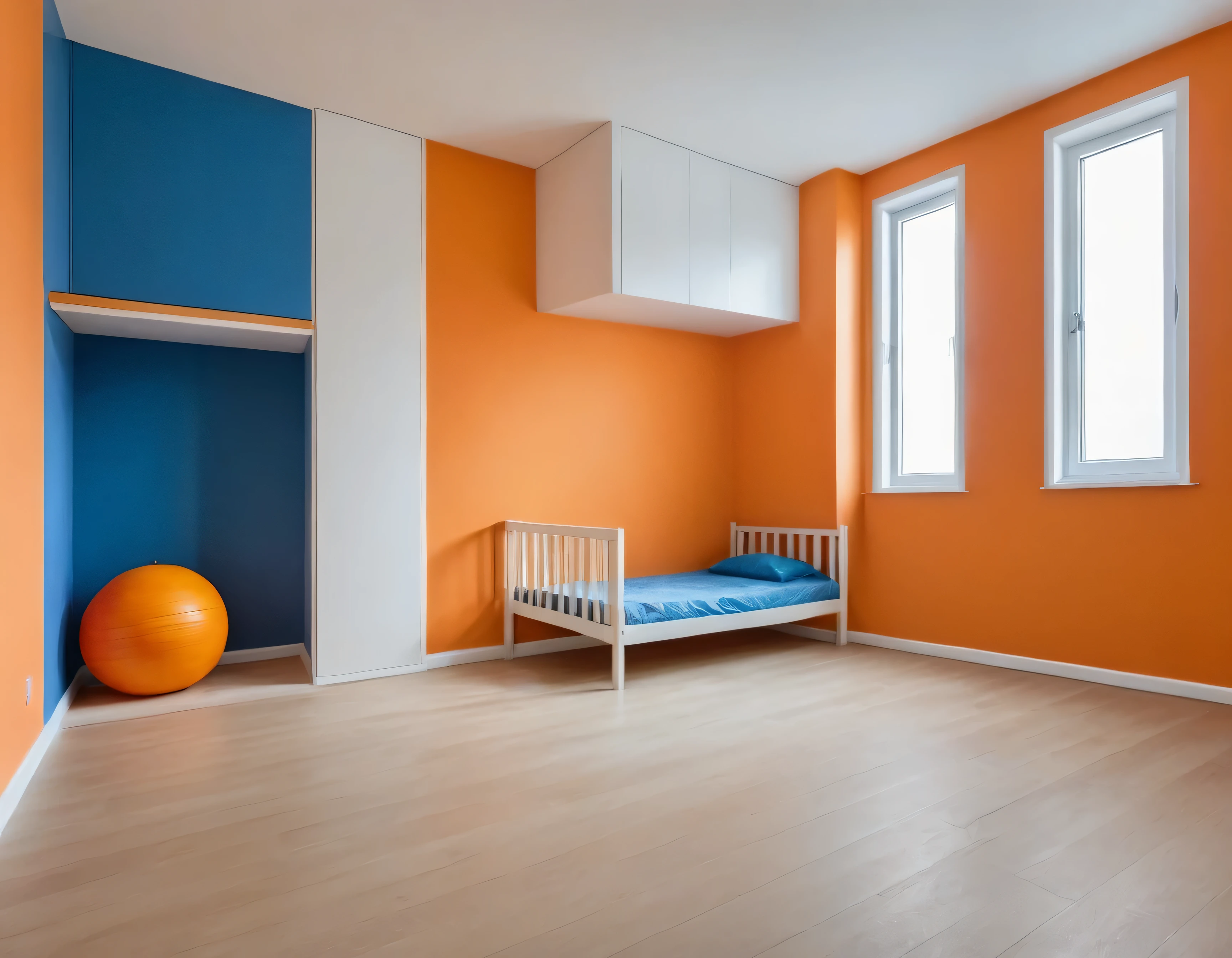 photo of an minimalistic empty kids room, light room, orange and blue room without furniture