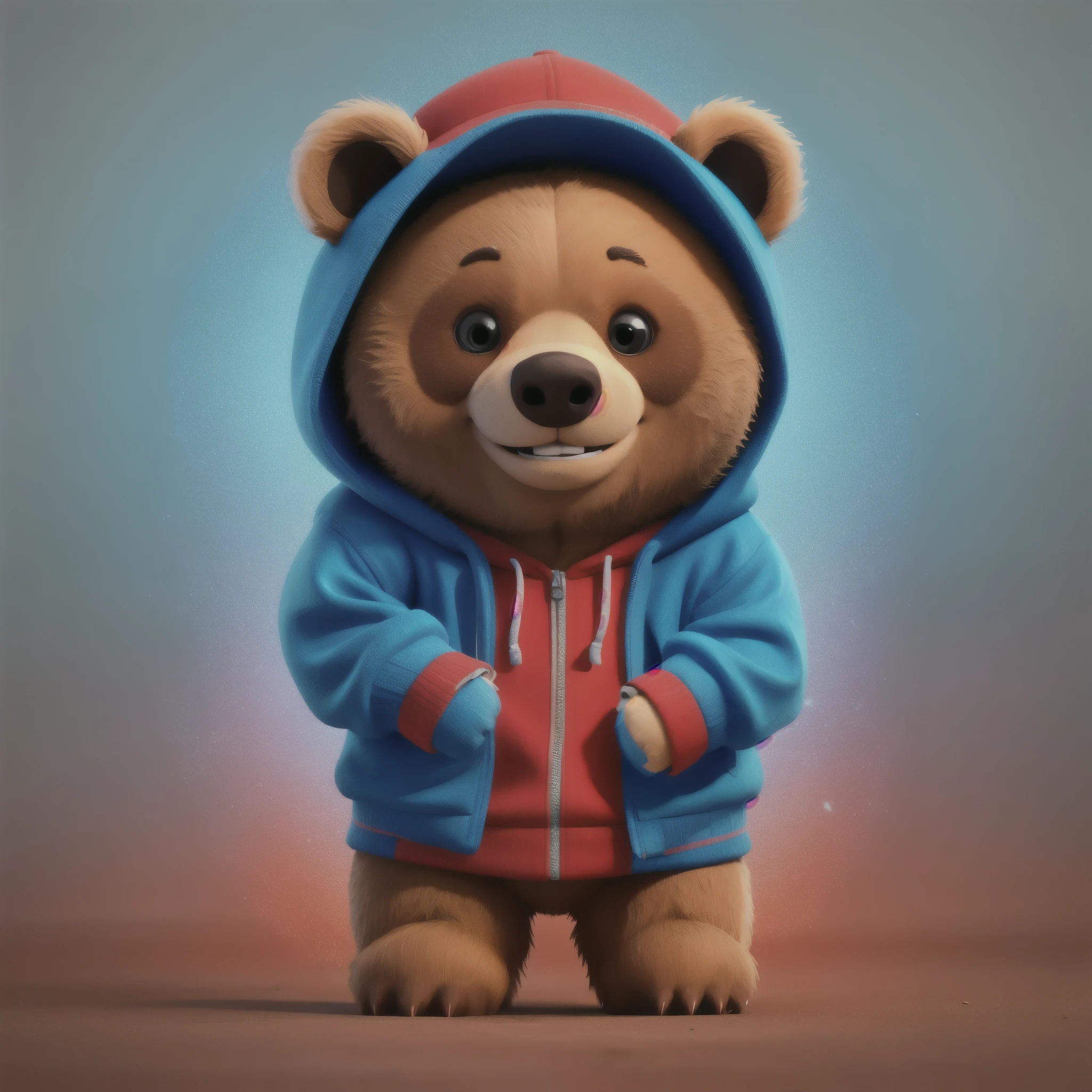 solo, cartoon (((bear))) wearing a blue hoodie and a red cap, teddy fresh, in the style of sports team mascot, disney stylized furry,