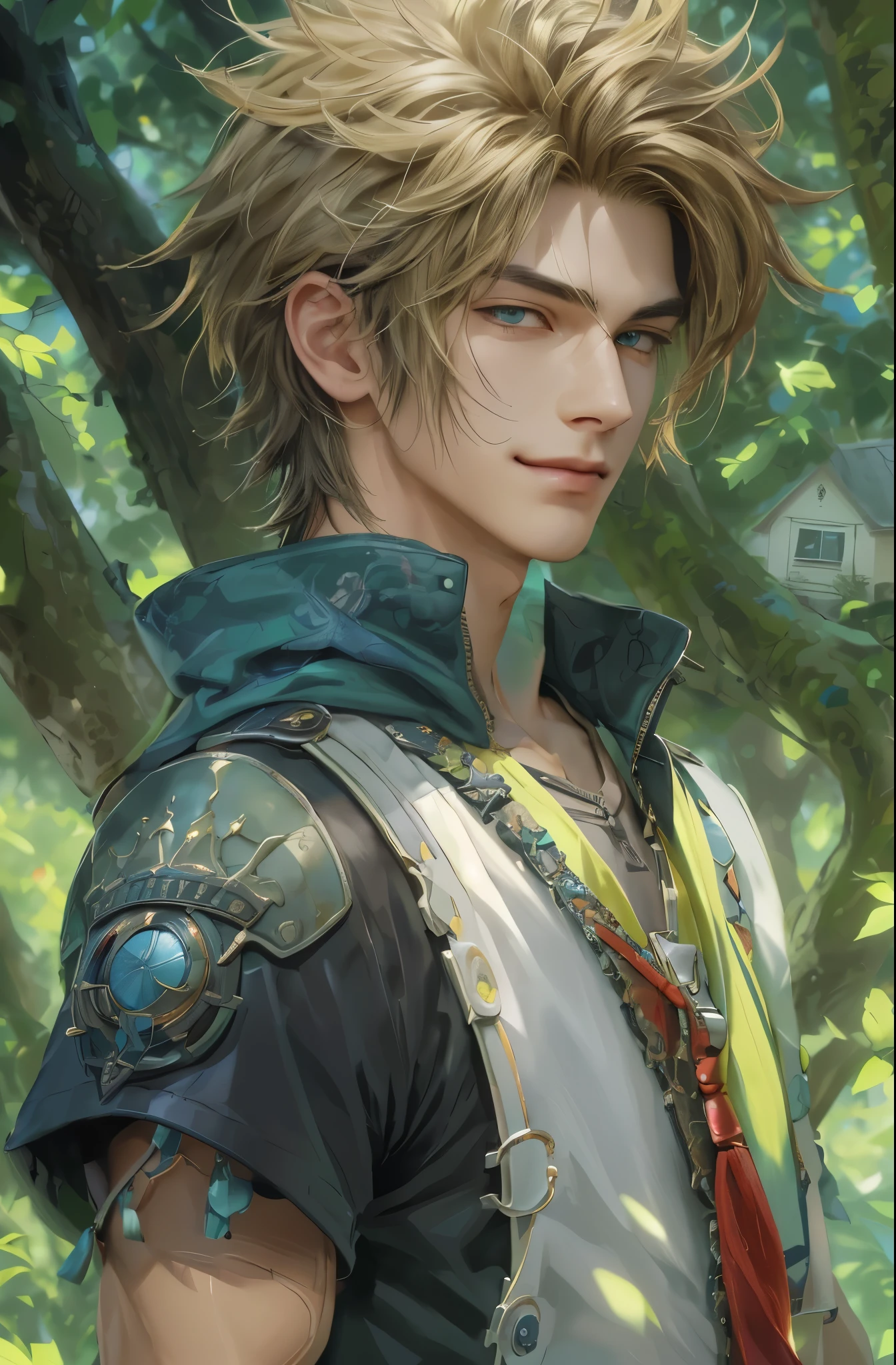 ((absurdres, highres, ultra detailed, perfect face), 1 male , front view, teen boy, handsome boy villain character from Final Fantasy VII, short hair, anime eyes, casual clothes with colorful details, eyes on the viewer, add red details to picture and smirk, dimples, extremely detailed CG unity 8k wallpaper, add blue details on side, intricate details and add yellow details on left, house under a giant tree background, detailed houses town scenery from a far view,