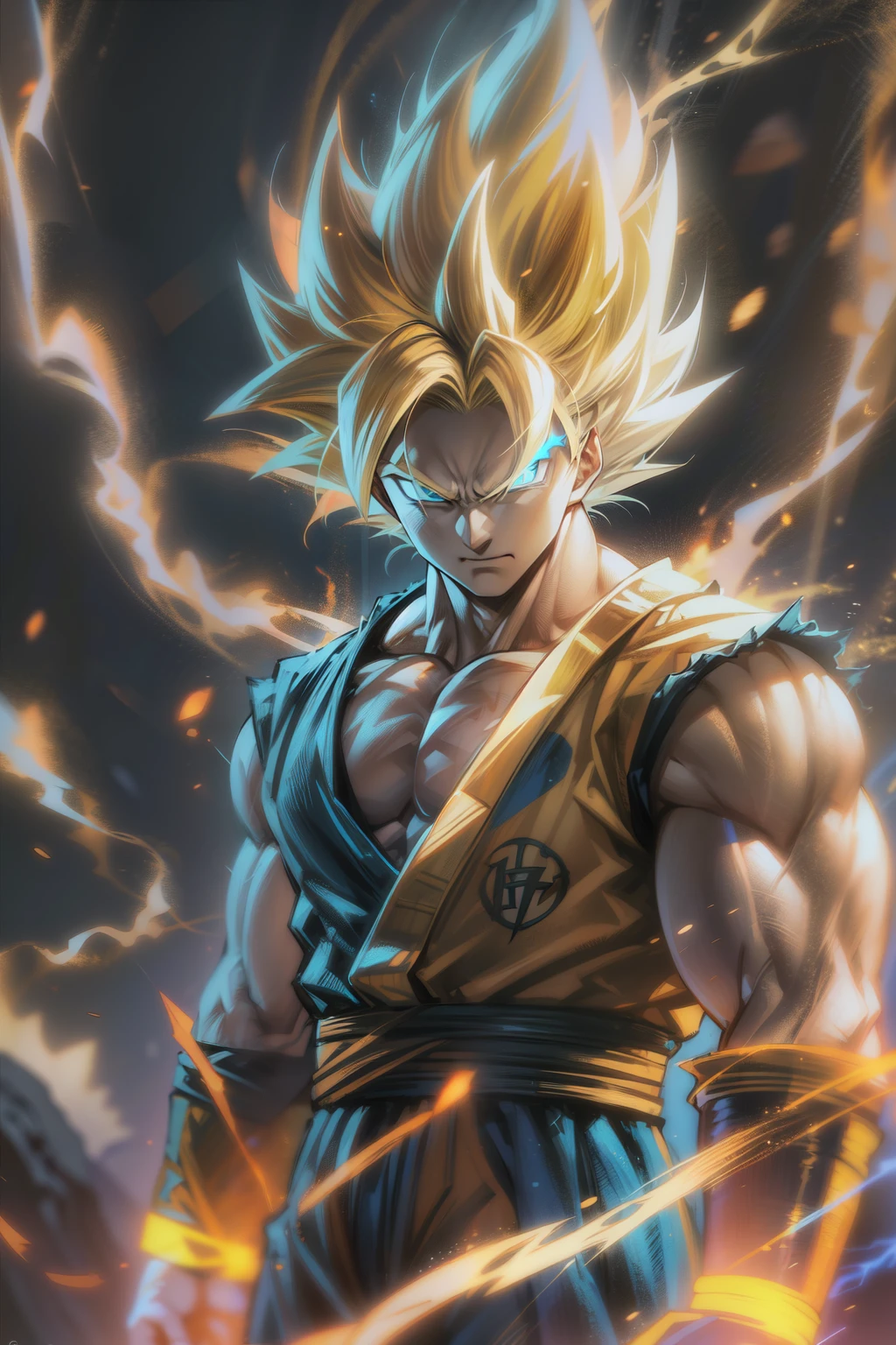 son goku, Super Sayan surrounded by golden Aura, lightning, big muscles charging up power, 4k, yellow Hair, yellow Pupils, high details, epic, cinematic