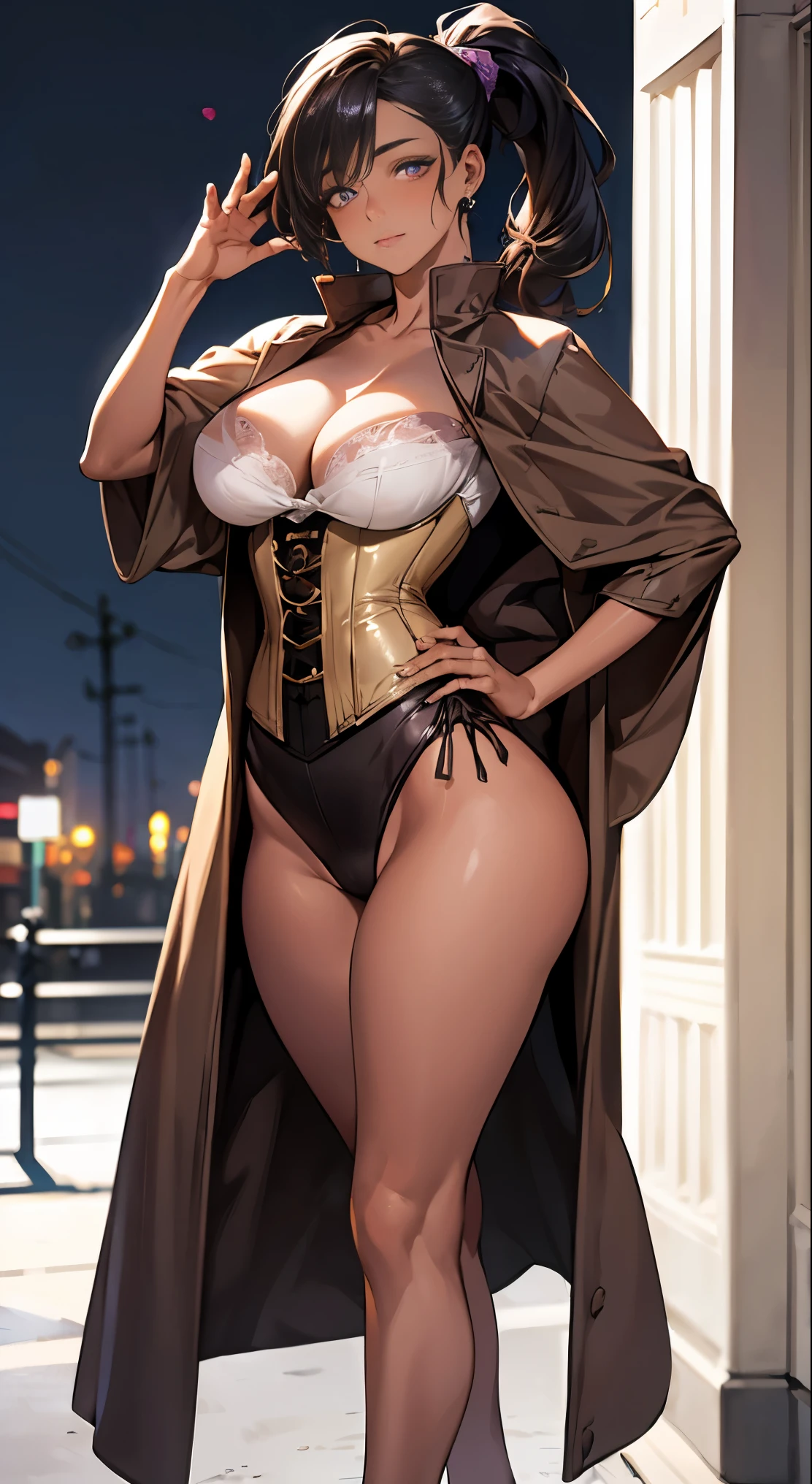 (masterpiece:1.2, highest quality, 8k, advanced details), (realistic, photorealistic:1.4), beautiful illustrations,
looking at the viewer, whole body, Front view:0.6,
1 female,
beautiful hair, beautiful face, beautiful and detailed eyes, (purple eyes:1.3), beautiful clavicle, beautiful body, beautiful breasts, beautiful thighs, beautiful feet, beautiful fingers, perfect anatomy:1.3, perfect anatomy, winter in japan, (black hair ponytail), ((curvy body, big breasts, big ass)), ((brown skin:1.8)), masterpiece, highest quality,(realistic: 1.4),ultra high resolution, unity 8k, (thin and beautiful eyes:1.6),symmetry, highly detailed face, perfect lighting, (perfect hands, perfect anatomy), ((night park:1.4)), ((gown coat:1.3, corset))