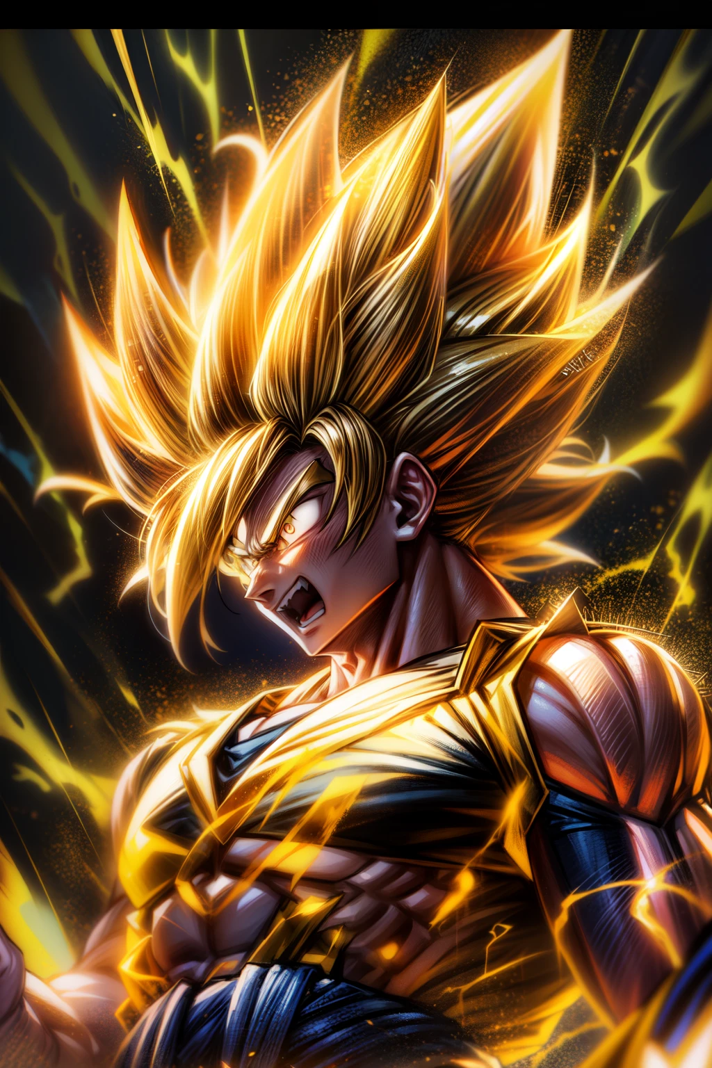 son goku, Super Sayan surrounded by golden Aura, lightning, big muscles charging up power, 4k, yellow Hair, yellow Pupils, high details, epic, cinematic