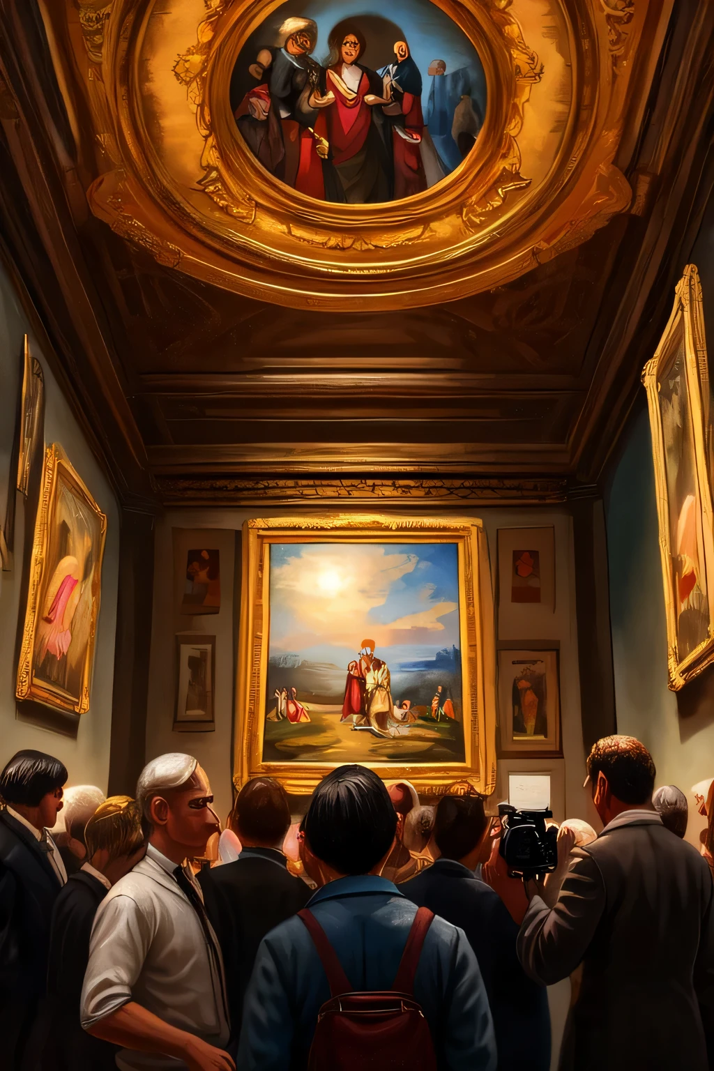 in an art exhibition，A group of onlookers holding cameras take photos around a famous oil painting，A lamp shines on this oil painting，everything else is lackluster，hand drawn style