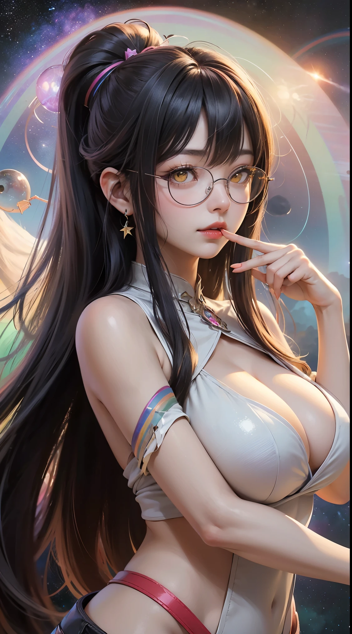 1名 27歳 woman, OK、(best illustrations)、8k UHD resolution、intricate details、最high quality、realistic、Super detailed、best lighting、best shadow、soft lighting、ultra hd、dungeon and Dragon、cave、dungeon、 necromancer、night、dark style、Succubus、devil&#39;Daughter of、bat wings，(((デーモンホーンラック縁round glasses))))、(((big breasts)))、(devil&#39;tail of)、(red eyes shine:1.6)、masterpiece、beautiful features、Tyndall effect、realisticphotograph、(high detail skin:1.2)、8KUHD、Digital single-lens reflex camera、high quality、photograph、High resolution、 absurd、Ponytail distortion、Optimal ratio of 4 fingers and 1 thumb、1 girl、hair ornaments、真っ赤に輝くgemのネックレス、gem、beautiful expression、body up、big breasts emphasis、tight waist、wide ass、Tyndall effect、Photoreal、(high detail skin:1.2)、dark and mysterious version, lipstick red lips, thin and beautiful lips, Don&#39;t laugh, please keep your mouth shut, Characters created by Karol Baku and Pino Daeni, intricate details, detailed background, very detailed, magic of light, woman, pretty face, ((((giant glasses, otaku glasses, thick glasses, round glasses))))、 looking at the Upper body of the goddess , round chest, big and round chest, phoenix hair brooch, long hair with bangs, (Long hair has seven colors like a rainbow:1.9), Beautifully detailed face and well-proportioned eyes, (clear yellow eyes: 1.8), Big round eyes and very beautiful and detailed makeup, Visionary, long silk nightgowns, mysterious makeup, ブresponseレット, I dyed my side bangs and light yellow., Upper body, (goddess Upper body: 1.8), hanging arms, リアルで鮮やかなphotograph, (stars that make up : 1.7), ( sky and fictitious space and time portal: 1.8), fiction art, RAWphotograph, 漢服のphotograph, 最高のphotograph , expensive_response, 最high quality, 最高のphotograph, 8K quality, 8K Ultra , surrealism, 最も経済的な本物のphotograph, artistic portrait of 12 signs, 1 symbol of 12 signs behind, single portrait of 12 goddess, 最もrealistic配色, 最高のphotograph color, masterpiece, hair ornaments, ネックresponse, jewelry, beautiful face, Upper body, Tyndall effect, photographのようにリアルな, Dark studio, border light, two tone light, (fine skin) expensive: 1.2), 8k UHD, Digital single-lens reflex camera, soft light, expensive quality, volume light, Frank, photograph, expensive responseolution, 4K quality, 8k, Bokeh, smooth and sharp, 10x more pixels, Charming goddess, sexy goddess, (background space: 1.8), (milky way: 1.7), aurora, lightning, (auroraの背景: 1.8) <roller:crazy_perfect eyes_v1_from_v1_, beautiful goddess and flowers,