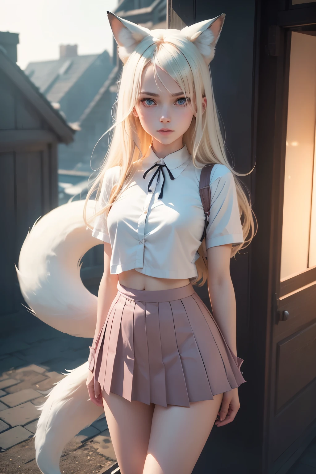 close up 1girl in, ager, Solo, Aesthetic artwork, blond, straight blonde hair, super long blonde hair, light blue eyes, some small freckles, pale skin, A-cup, small breasts, (large fox ears:1.25), runners body, (thin hips, thin waist: 1.25), detailed skin, shy smile, (action shot kneeling: 1.25), wearing a short sleeve button down white blouse, pink jk bow, short pleated skirt, school girl uniform, 50mm, 4k textures, soft cinematic light, RAW intricate, elegant, highly detailed, sharp focus, ((((cinematic look)))), soothing tones, insane details, intricate details, hyperdetailed, low contrast, soft cinematic light, dim colors, exposure blend, hdr, faded