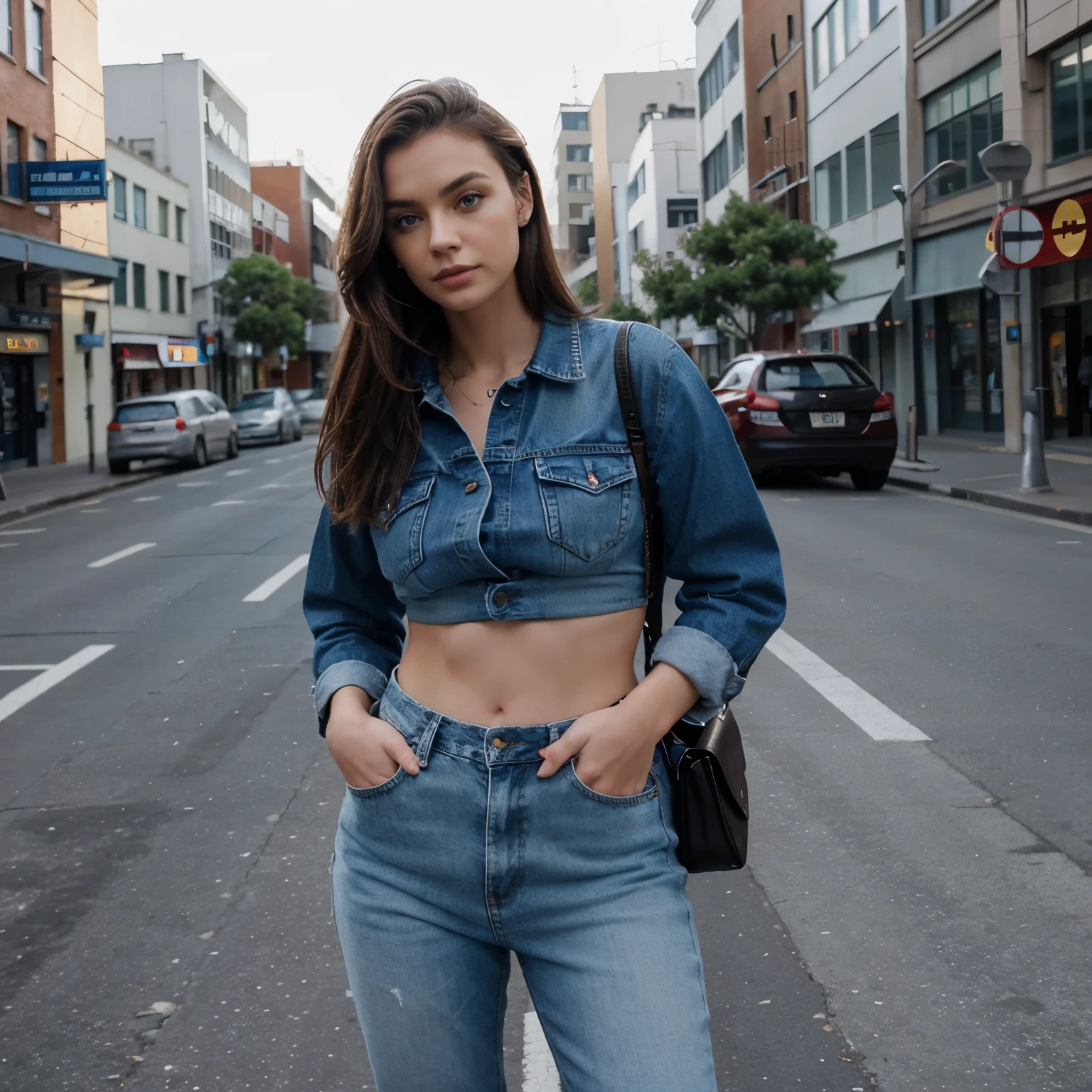 Albanian, girl, brown hair, blue eyes, medium size breast, Denim fashion, Auckland backdrop, Urban chic, Street style shoot, Cityscape setting, Fashion photography,Trendy denim outfit, Auckland skyline, Stylish brunette posing