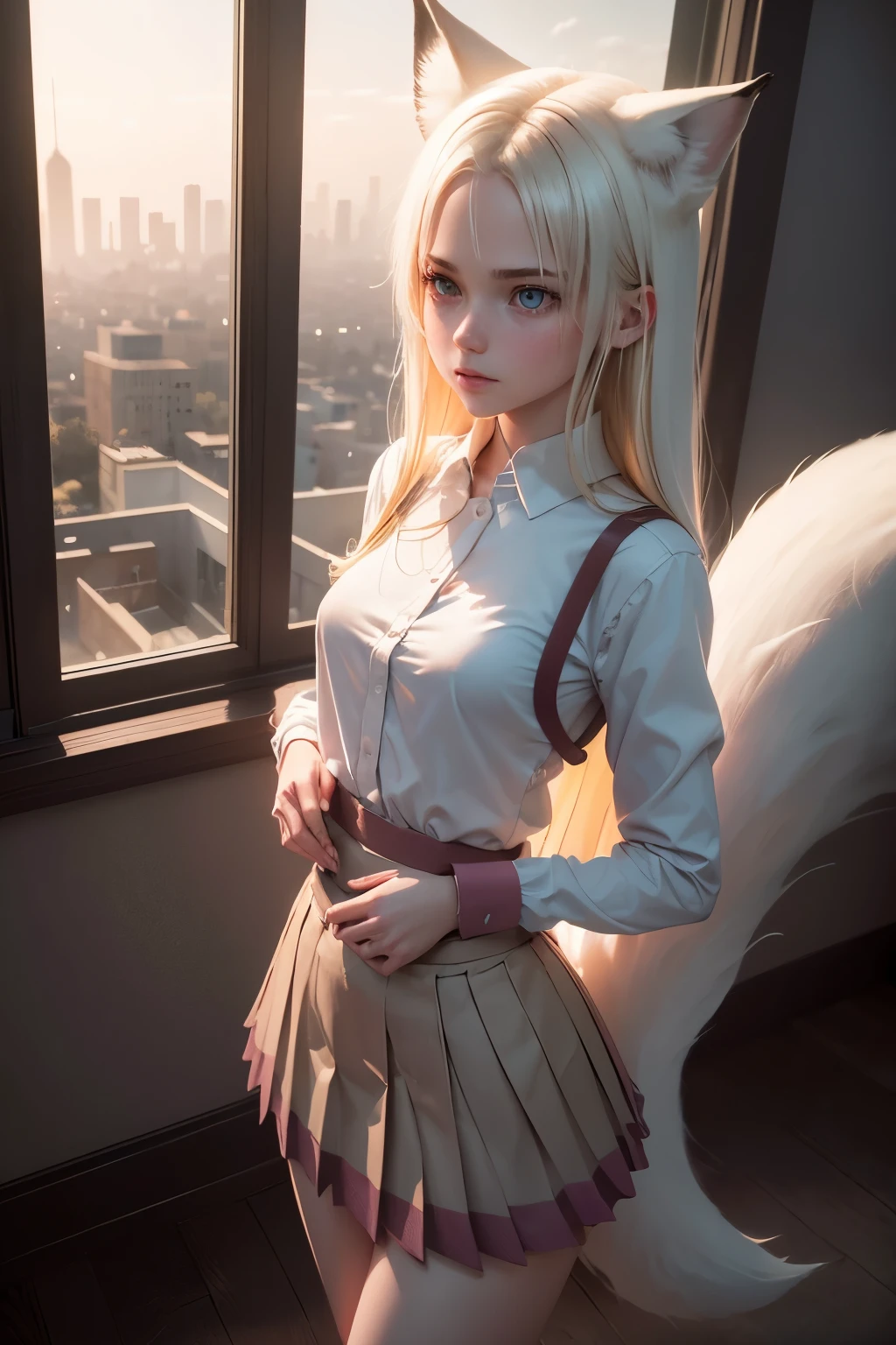 Near 1girl in, adolescence, Single, Aesthetic artwork, blonde, straight blondee hair, super long blondee hair, Light blue eyes, Some small freckles, Pale skin, Small breasts, split, The body of runners, (Thin hips, Slim waist: 1.25), Detailed skin, Neutral face, Shy smile, He wears a white short-sleeved blouse, Unbuttoned, (Pink pleated mini skirt:1.15), School girl uniform, (White fox ear, White fox tail:1.25), (Full body: 1.1), خلفية سقف المدينة Very detailed, On the roof, Overlooking midnight, 24 mm, 4K textures, Soft cinematic light, Raw is complex, amazing, Very detailed, Intense focus, ((((Cinematic look)))), Soothing tones, Crazy details, Complex details, Excessive detail, Low contrast, Soft cinematic light, Subdued colours, Exposure mix, Human development report, Faded