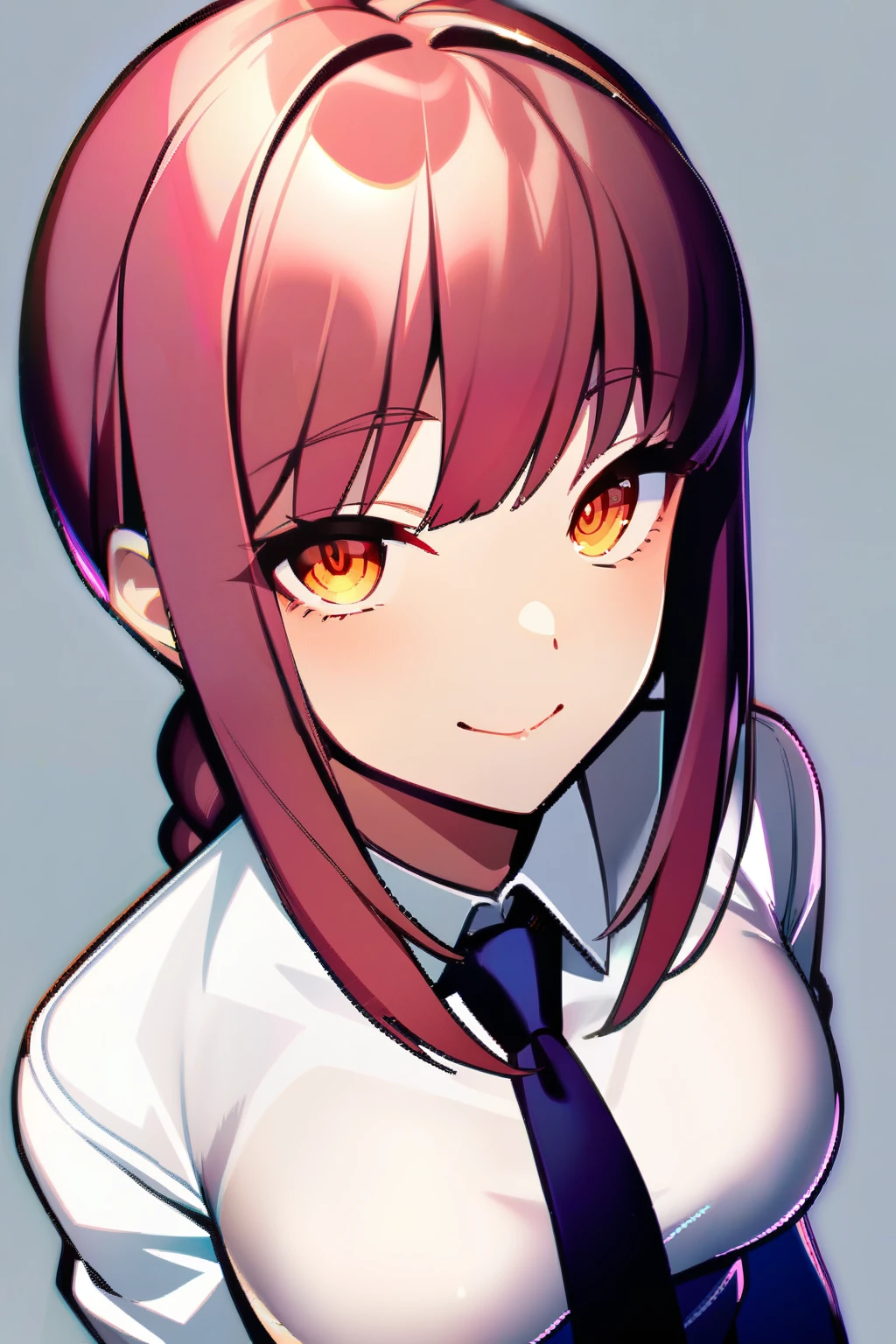 <lora:jk style by goofy ai:1>jk style, necktie, collared shirt, red eyes, purple hair, upper body, vest, long hair, blush, looking at viewer, red necktie, long sleeves, 1girl, shirt, juliet sleeves, hand on own chest, purple vest, white shirt, solo, twintails