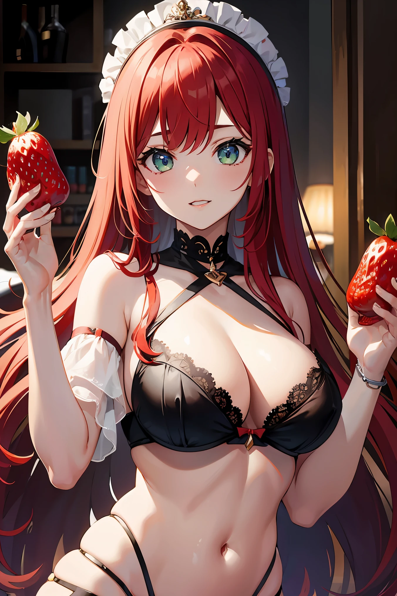 1 female、red hair、green eyes、dense lips、red bra、See-through、off shoulder、holding strawberries in your handasterpiece、ultra high resolution、perfect lighting、16K