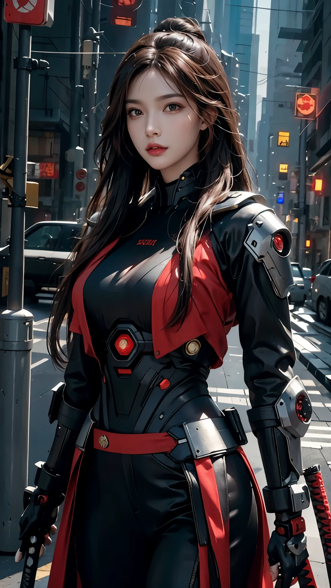 photorealistic, high resolution, soft light,1women, solo, hips up, (detailed face), red long hair, cybersamurai, cyborg, cyberpunk, cyber armor, holding weapon,glowing,on the street , kimono , sniper looking at the target.