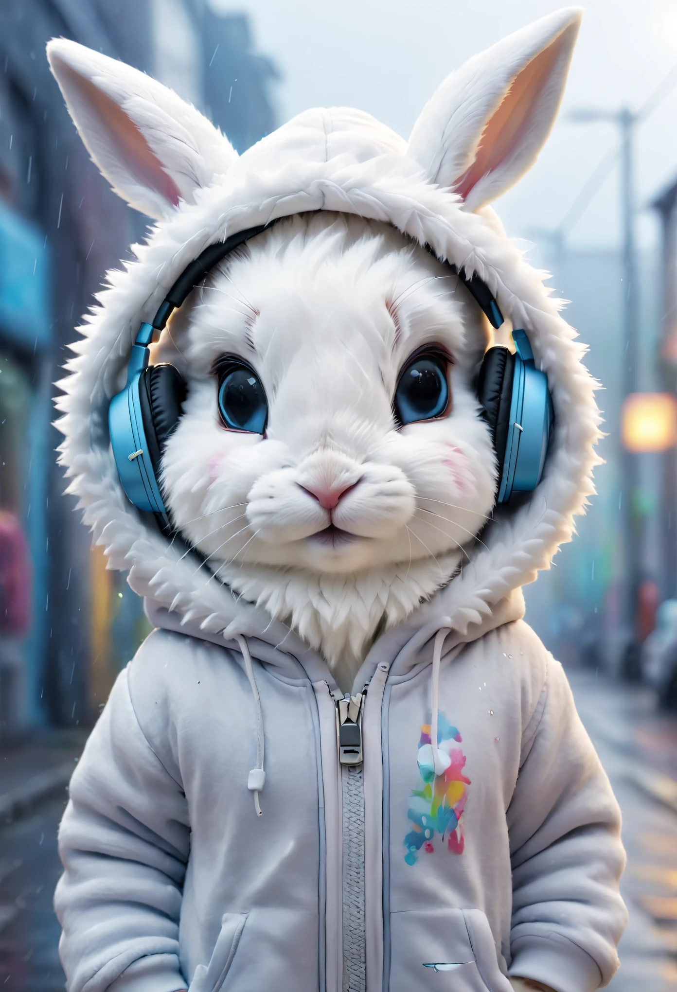 Cute   white rabbits with fluffy fur wearing urban outfit, one hoodie and headphones, The background is modern and inorganic, Adorable Digital Painting, 3d rendered, Bright lighting, Vibrant colors,  outside and raining