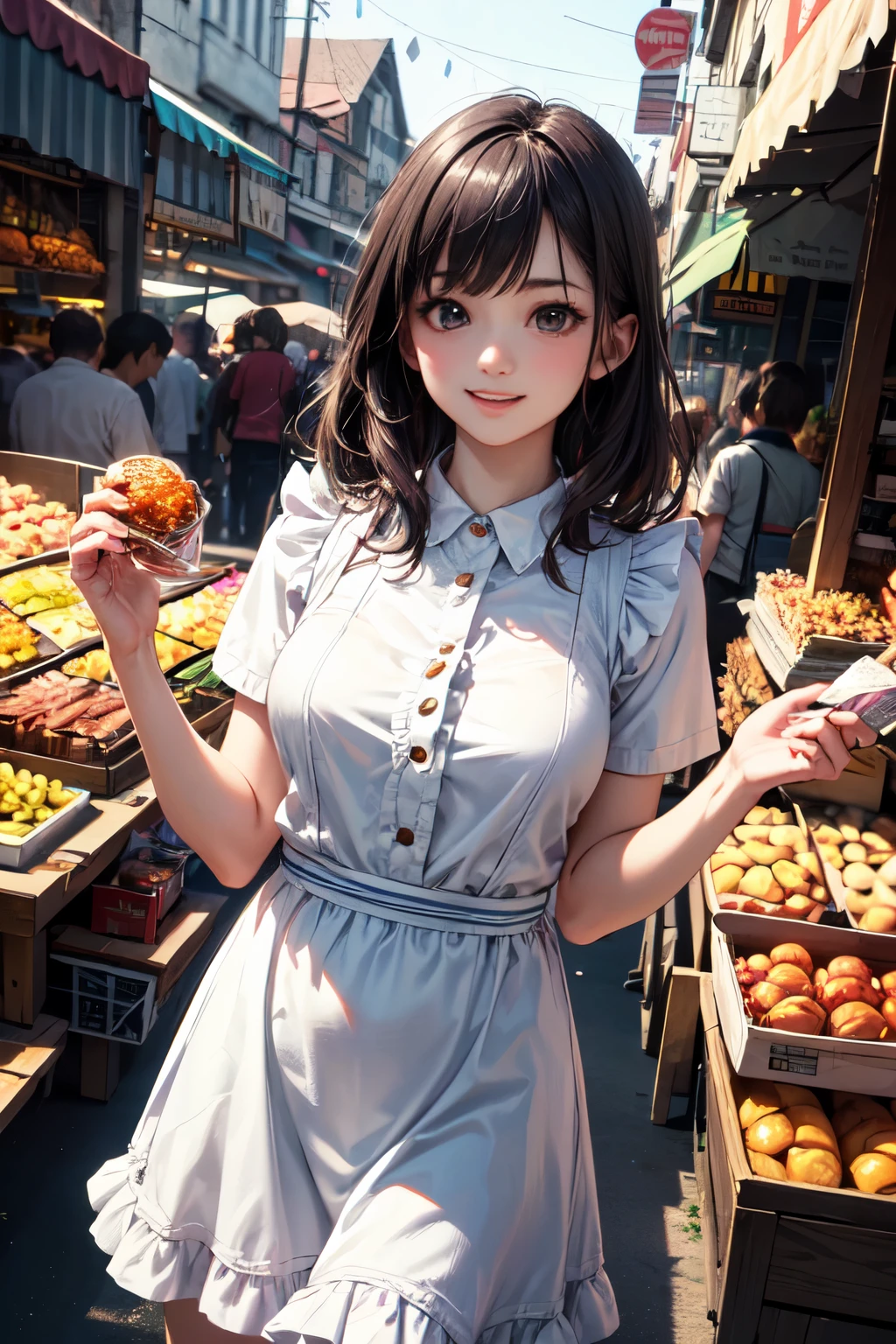 very cute and beautiful girl standing among town market,selling many kind of foods,
(highly detailed beautiful face),cowboy shot,yellow and white floral frilled apron on white blouse,blue skirt,
looking at viewer,laugh,happy,black hair,people,crowd,
(best quality,masterpiece:1.2),absurdres,highres,ultra-detailed,extremely detailed,32k,8k resolution,
intricate details,cinematic scene,detailed background,solo focus,dynamic angle,(realistic),