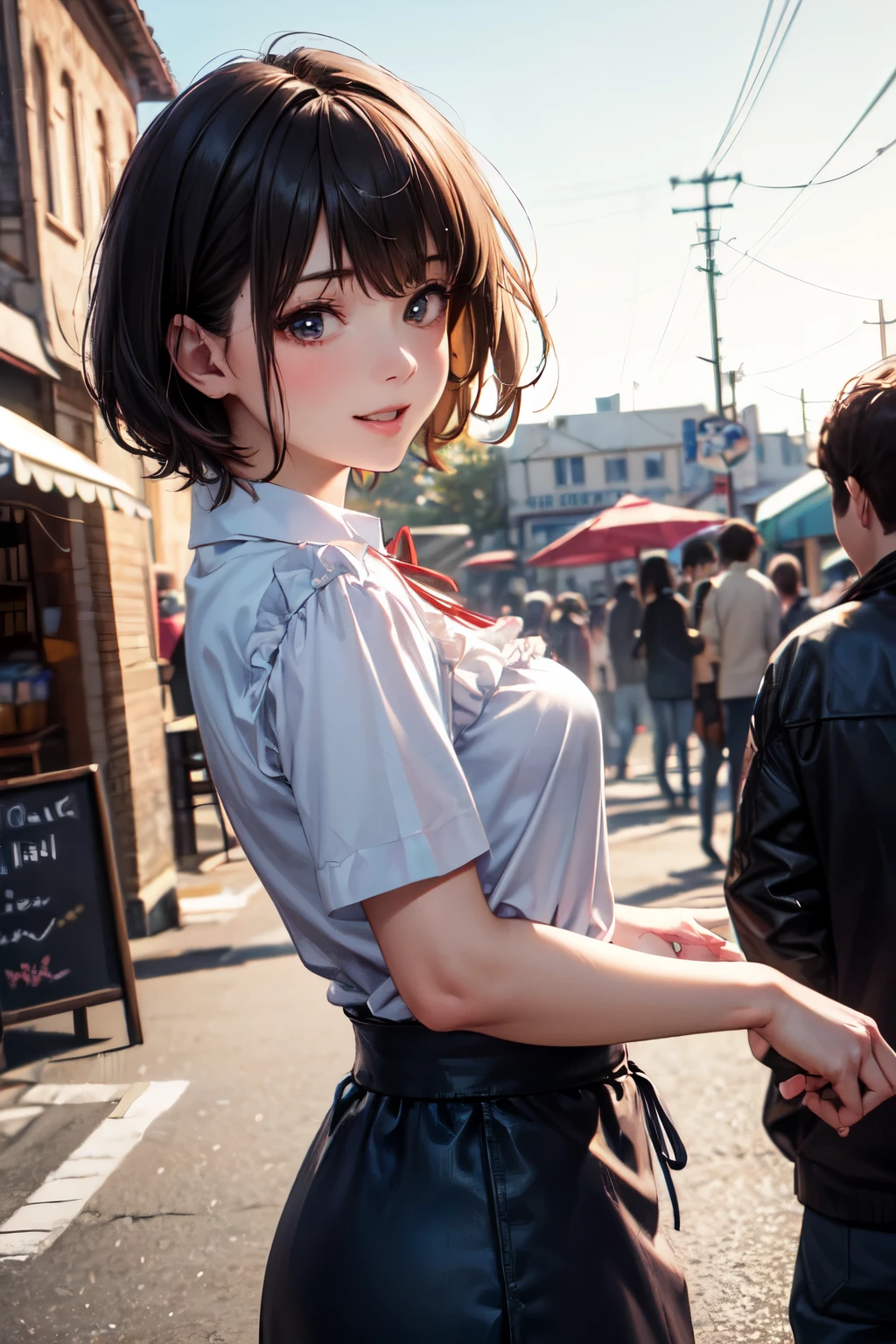 very cute and beautiful girl standing among town market,selling many kind of foods,
(highly detailed beautiful face),cowboy shot,yellow and white floral frilled apron on white blouse,blue skirt,
looking at viewer,laugh,happy,black hair,people,crowd,
(best quality,masterpiece:1.2),absurdres,highres,ultra-detailed,extremely detailed,32k,8k resolution,
intricate details,cinematic scene,detailed background,solo focus,dynamic angle,(realistic),