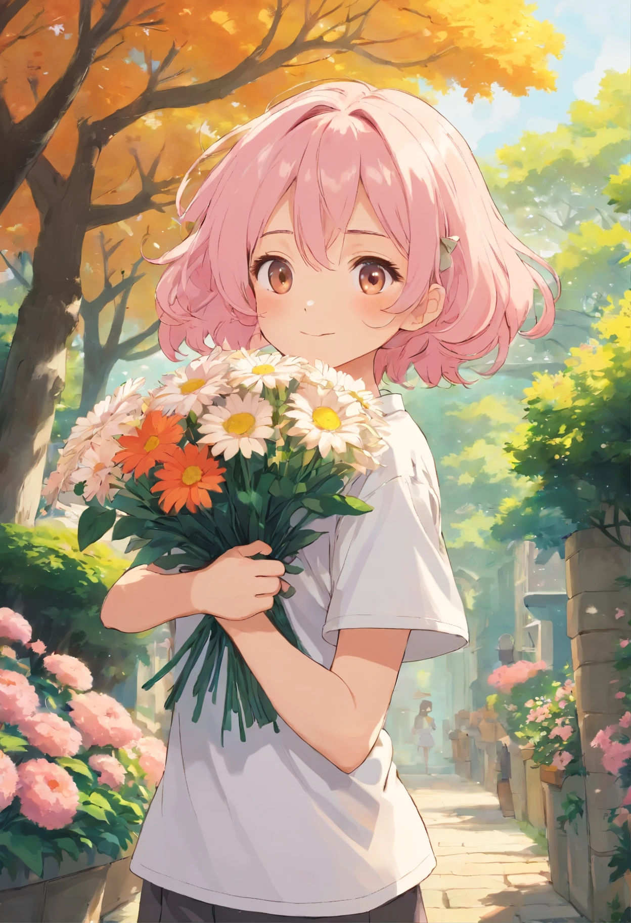 boy holding a bouquet of flowers,Pale pink curls,Hair tips to shoulders,under the sun,Part of the shade of the tree next to it falls on the boy,breath of sunshine,The boy smiled with his mouth wide open,A wide variety of flowers in the bouquet,Teenager wearing white T-shirt,Warm colors