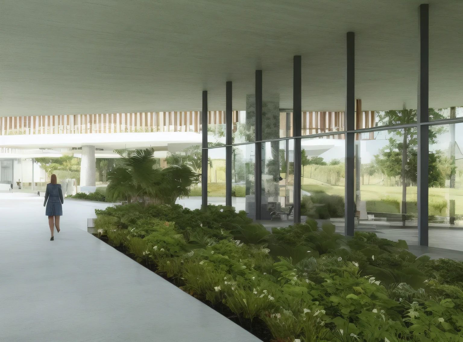 there is a woman walking down the walkway of a building, architectural rendering, architectural visualization, detail rendering, architectural renderinging, architectural 3D rendering, architectural visualization, architectural rendering, detailed rendering, green terrace, View at ground level, detailed renderinging, artistic print, realistic physics rendering, View at ground level, View at ground level, landscape rendering, photographic rendering