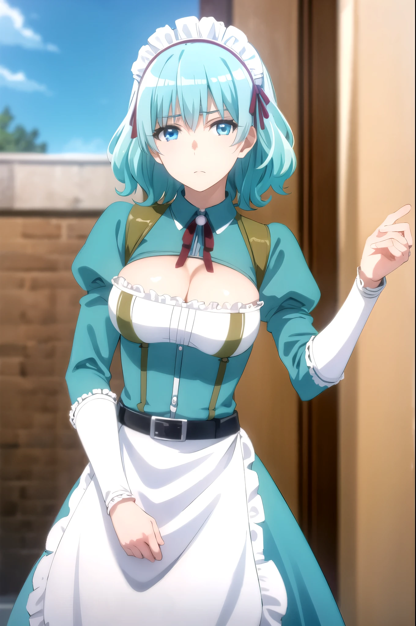 photorealistic, (4k), (upper body)), depth of field, (Masterpiece), (realistic skin texture), highly detailed, intricate, highly detailed, professional photography, bokeh, high resolution, sharp detail, best quality, girl, hair aqua, medium hair, blue eyes, aqua maid dress, maid headdress, frills, apron, standing,