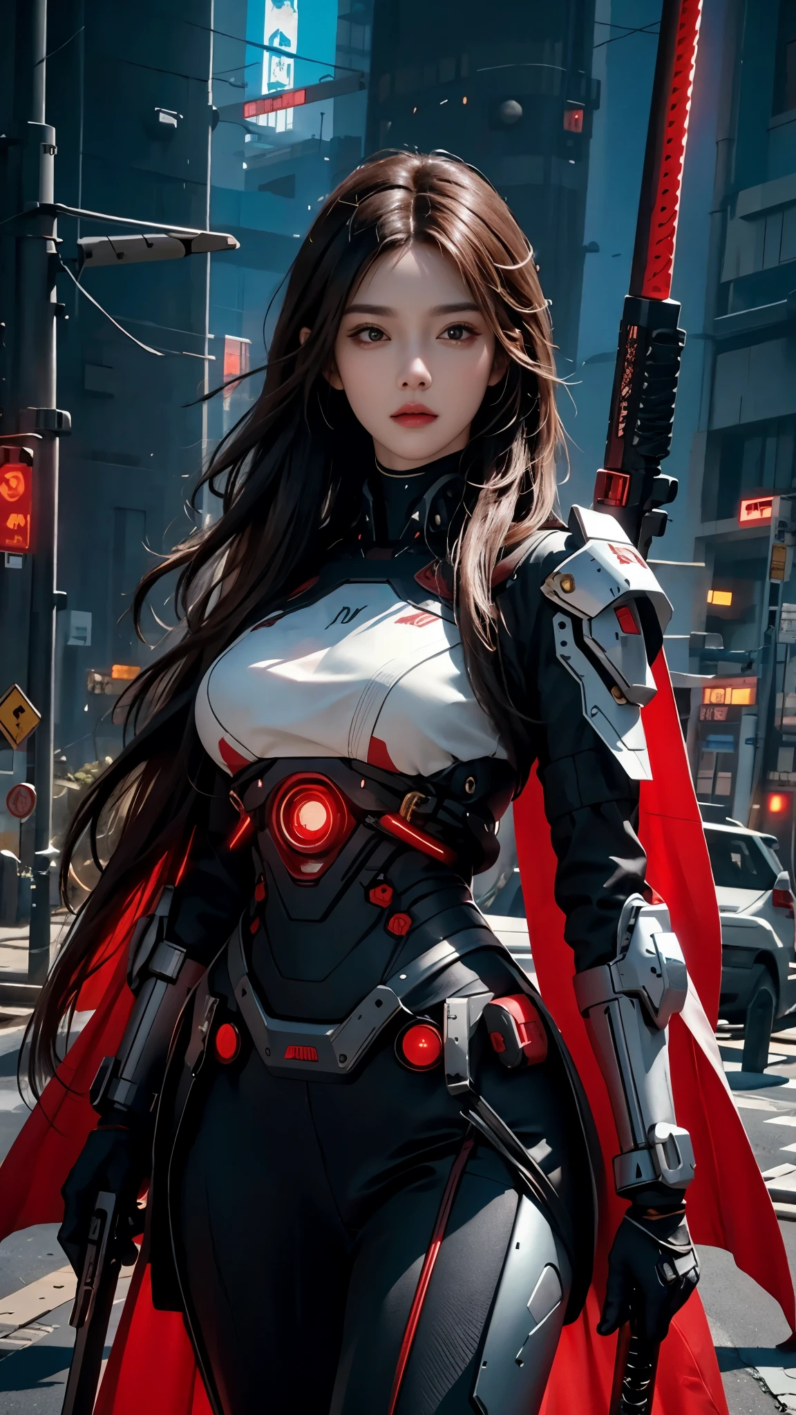 photorealistic, high resolution, soft light,1women, solo, hips up, (detailed face), red long hair, cybersamurai, cyborg, cyberpunk, cyber armor, holding weapon,glowing,on the street , kimono , sniper looking at the target.