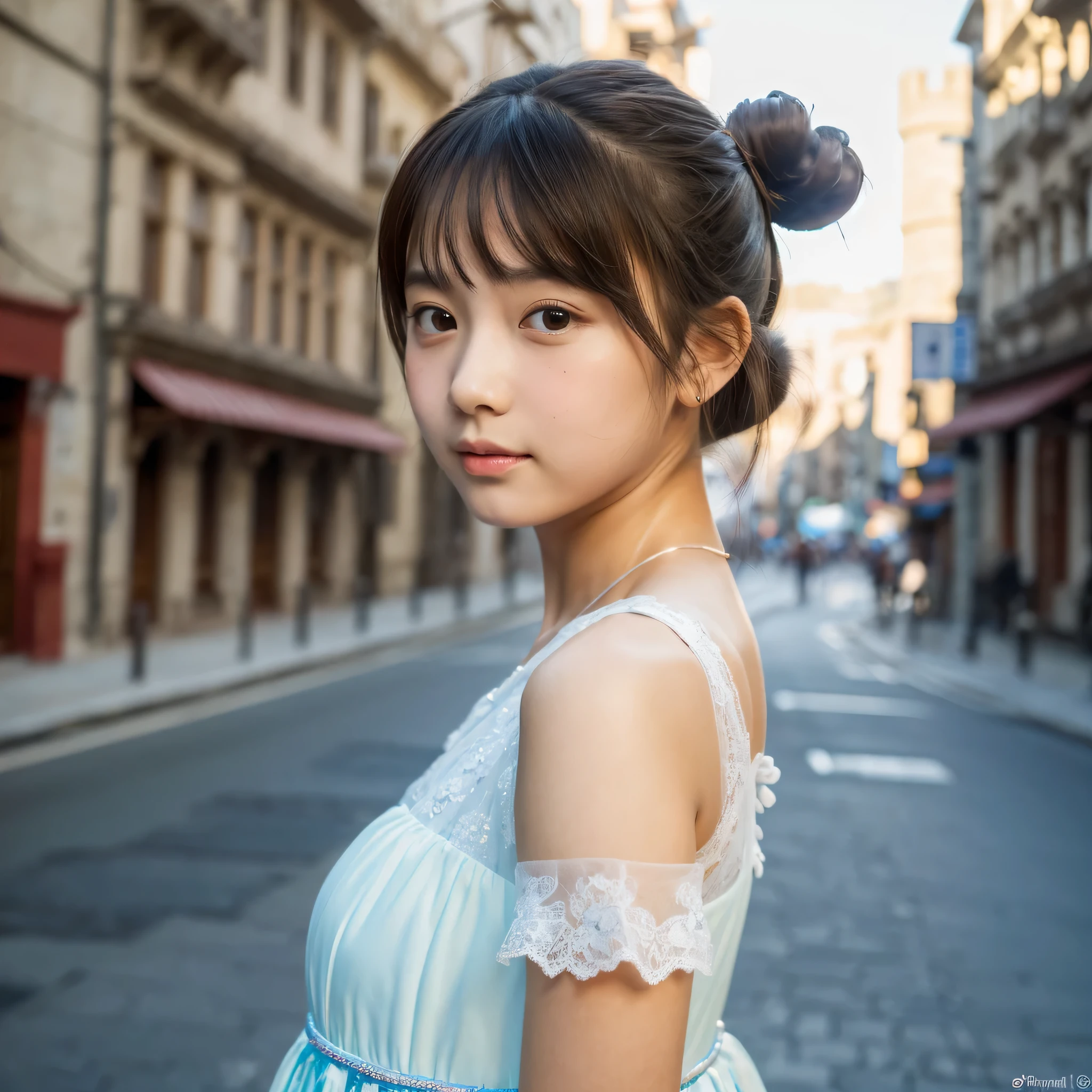 (8k, RAW photo, highest quality, masterpiece:1.3), (realistic, photo-realistic:1.4), (Highly detailed 8k wallpaper), sharp focus, Depth of written boundary,
japanese idol,very cute, baby face,(China dress :1.3),(bun hair :1.4), Upper body, highly detailed face and eyes,((shiny skin:1.2)), cinematic lighting, soft light, blur background, (A town with historic buildings, castles, cathedrals etc.)