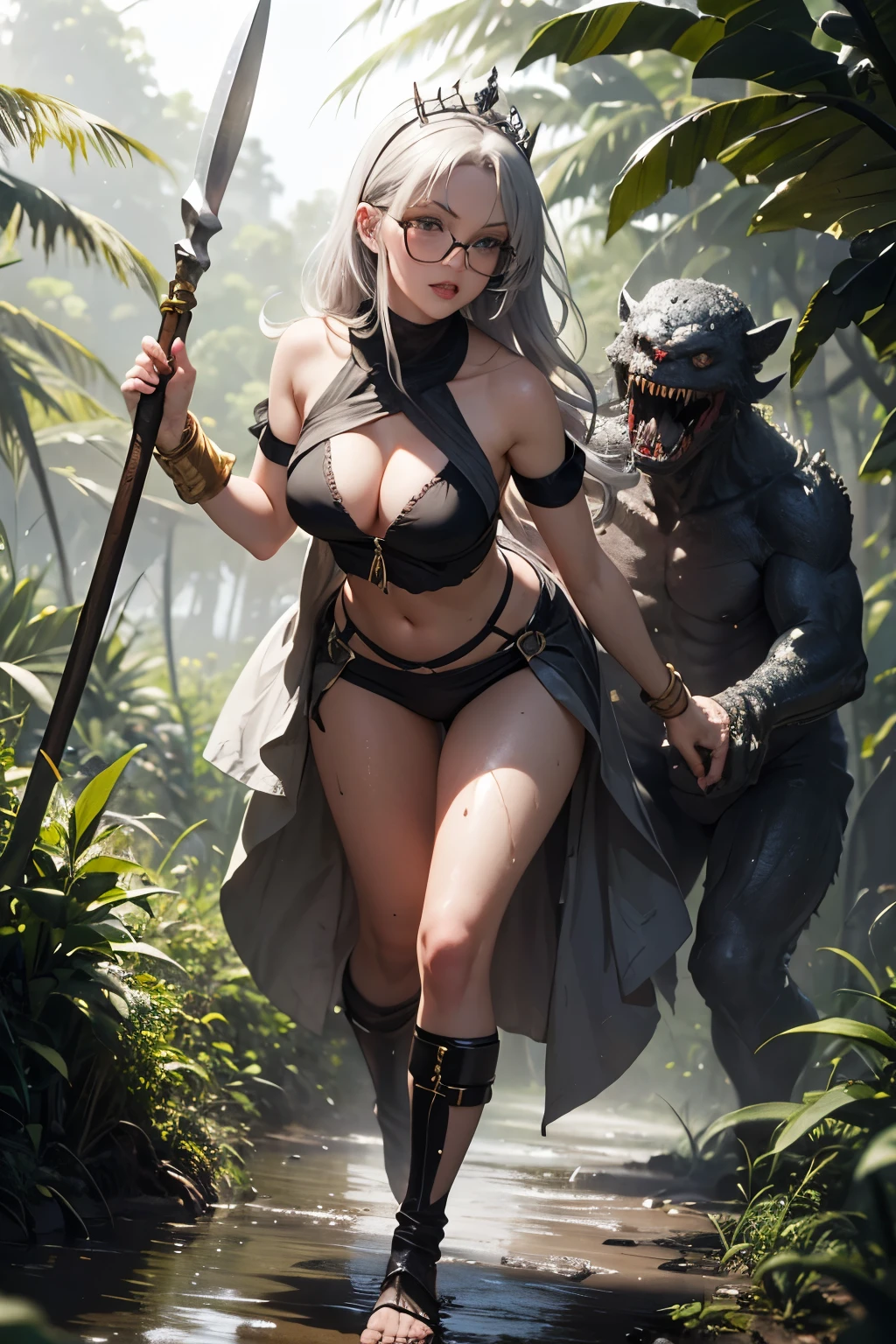 ((best quality)), ((masterpiece)), (detailed), perfect seductive face a beautiful white-toned girl with black and silver hair wearing glasses and tight torn golden clothes, blue eyes, glossy skin. detailed skin, pink lips with a spear in hand a tiara on her head, full body covered with wet mud in a dense jungle fighting with a terrifying monster