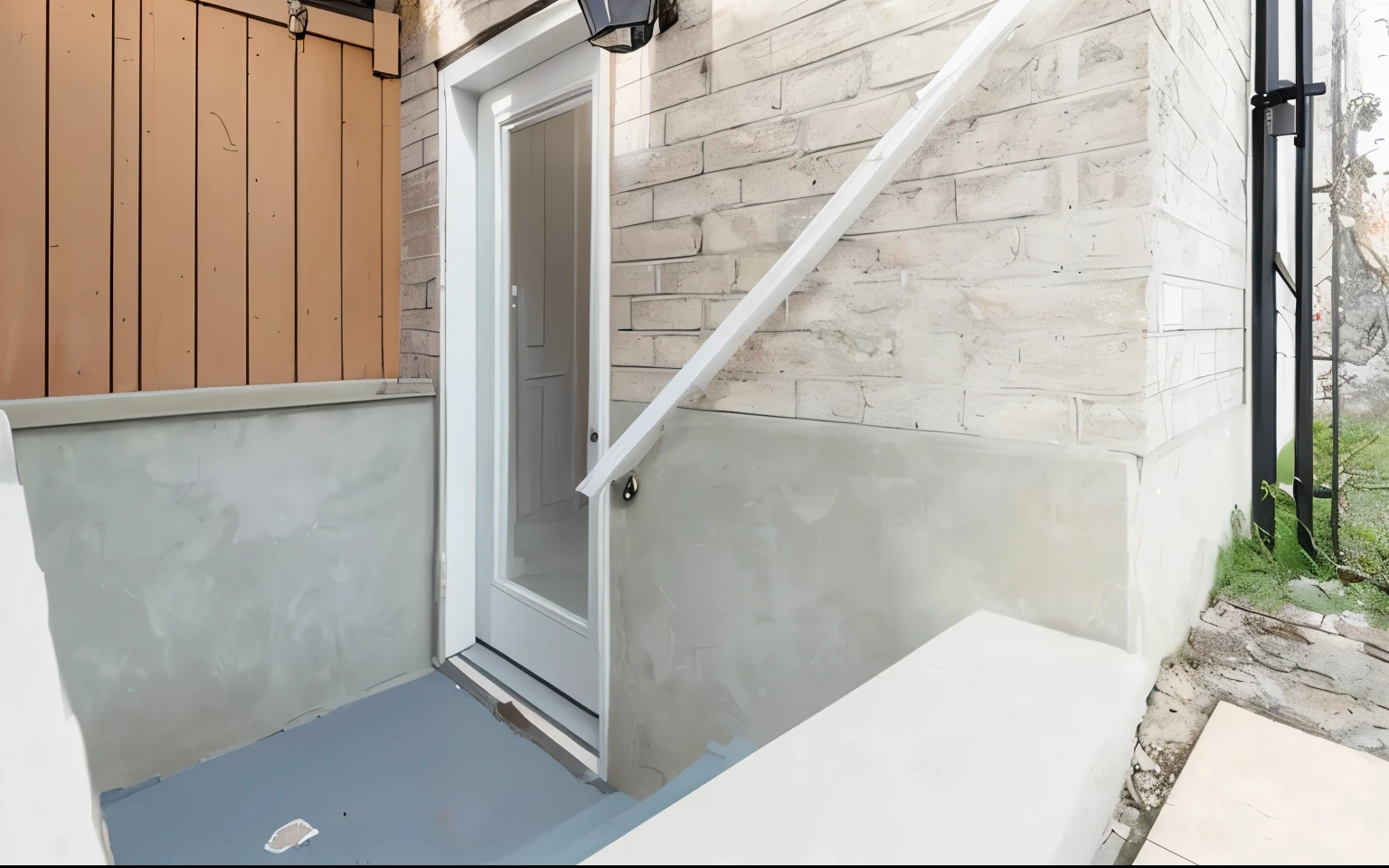 basement apartment, afternoon, outside entrance, door, masterpiece, particles, high quality, extremely detailed, magic realism, art photography