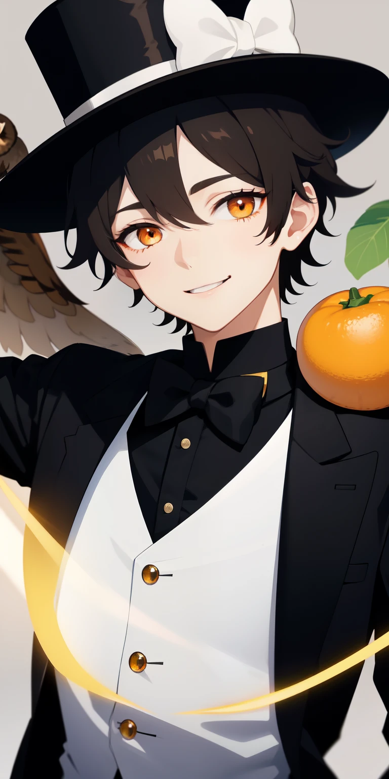 A guy. Brown and black short hair like an owl. Oranges eyes with black scar at each eyes. Pale skin. Happy go lucky. Royal clothes. 3 pair of owl wings. Wearing a white top hat. (Smile softly)