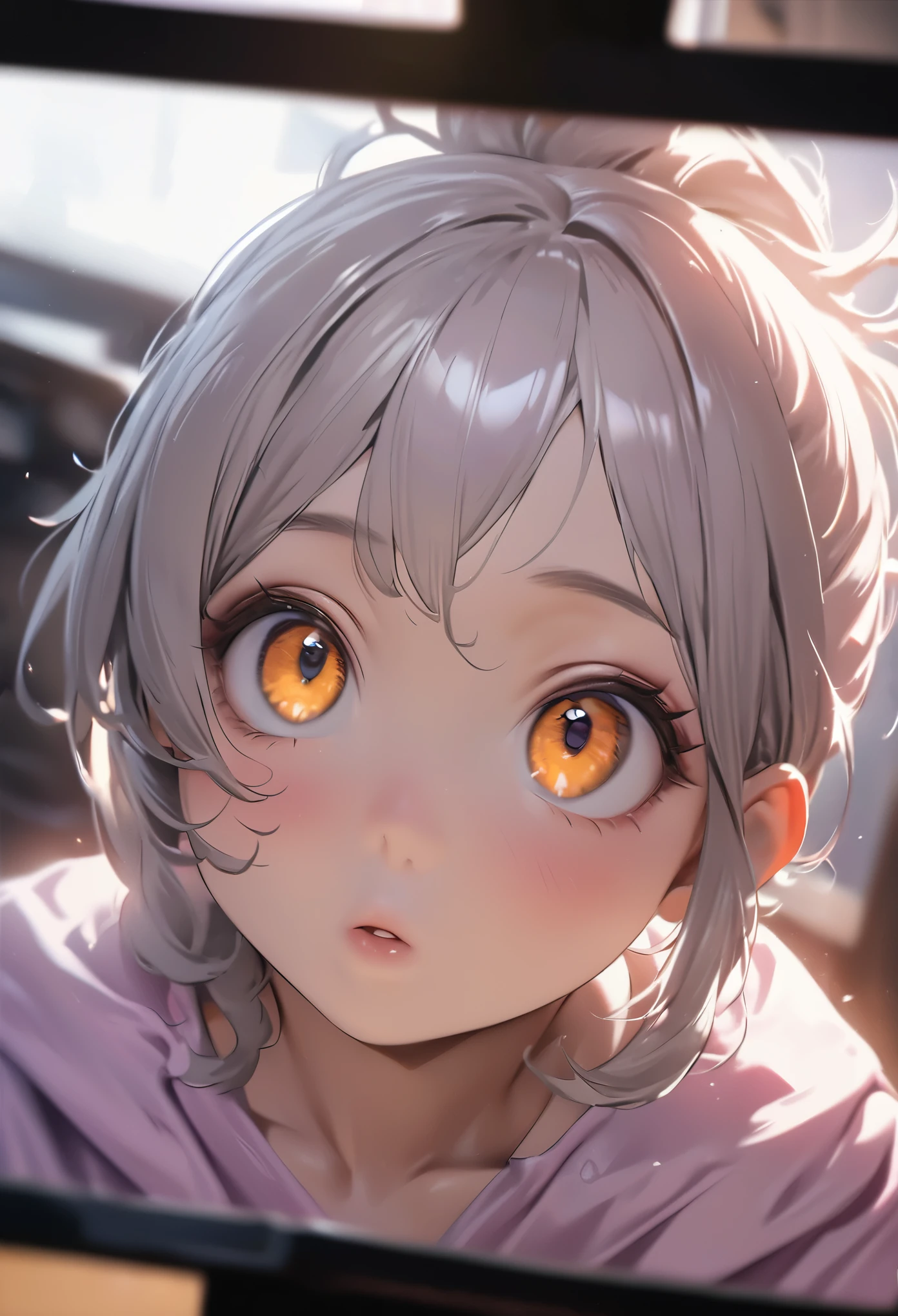 open mouth, close-up on face, ((extreme hanging big tits)),(highest quality、4k、8k、High Resolution、masterpiece:1.2)、Super detailed、(Photorealistic:1.37)、Portrait、Sharp Focus、feminine、delicate、White skin、female curves、Gentle expression、Soft lighting、Bright colors、Artistic atmosphere, shy expression, showing tits, kneeling, big pointy nipples, close-up on face and tits, waist-up-portrait, short blond curly hair, orange eyes, cute face,