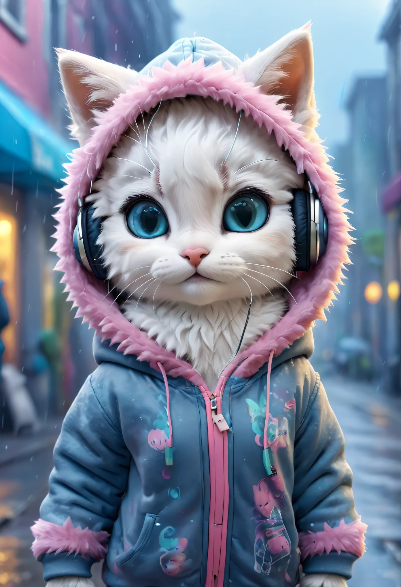 Cute  baby  kitty with fluffy fur wearing urban outfit, one hoodie and headphones, The background is modern and inorganic, Adorable Digital Painting, 3d rendered, Bright lighting, Vibrant colors,  outside and raining