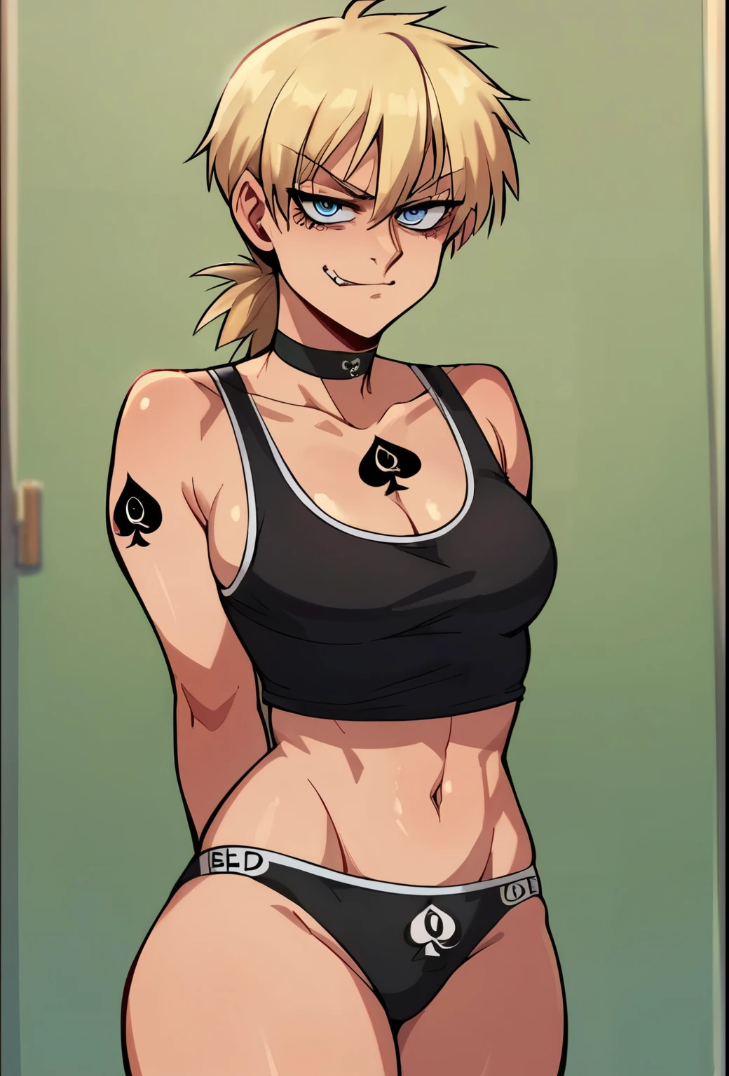 score_9, score_8_up, score_7_up, source_anime, solo, 1girl, seras victoria,  hellsing, smug, sinister smug expression, evil, looking at viewer, arms behind back, blonde hair, blacked, blacked underwear, BBC,  blue eyes, queen of spades tattoo, qos, queen of spades