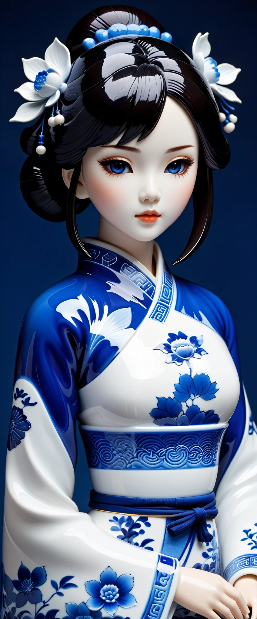 High quality fantasy art, simple background, ceramic Chinese girl doll, (blue and white porcelain) carved high-end porcelain, complex, gorgeous, 8k, Azulejo style, artist Ilya Kuvshinov