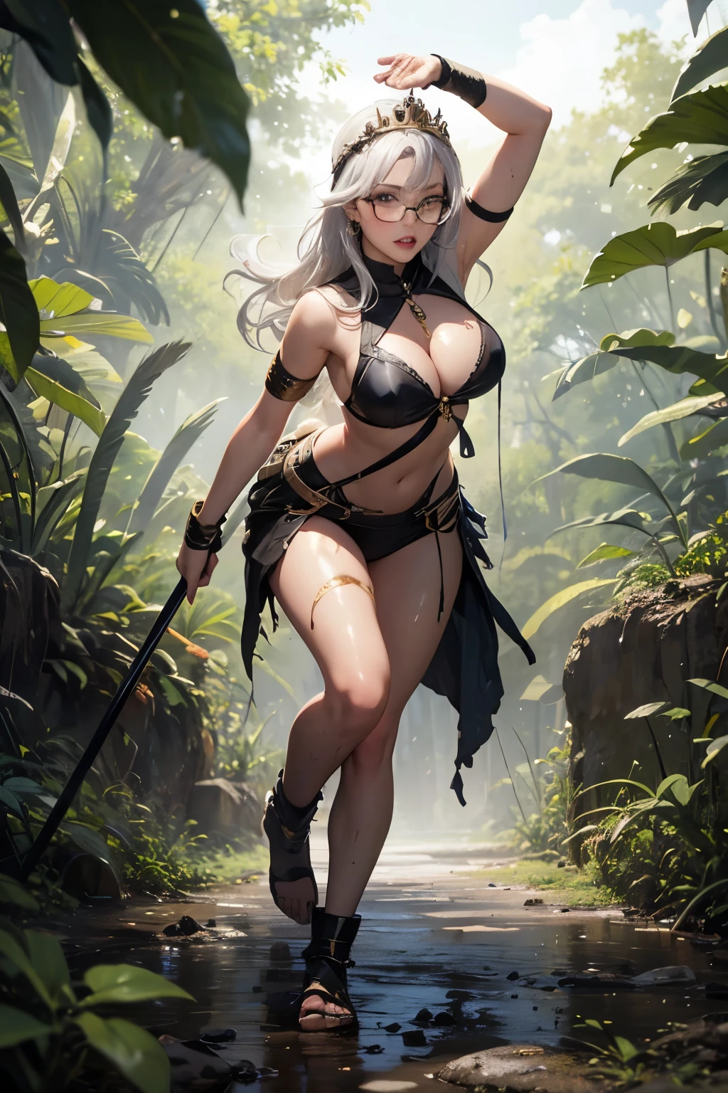 ((best quality)), ((masterpiece)), (detailed), perfect seductive face a beautiful white-toned girl with black and silver hair wearing glasses and tight torn golden clothes, blue eyes, glossy skin. detailed skin, pink lips with a spear in hand a tiara on her head, full body covered with wet mud in a dense jungle fighting against a terrifying tiger