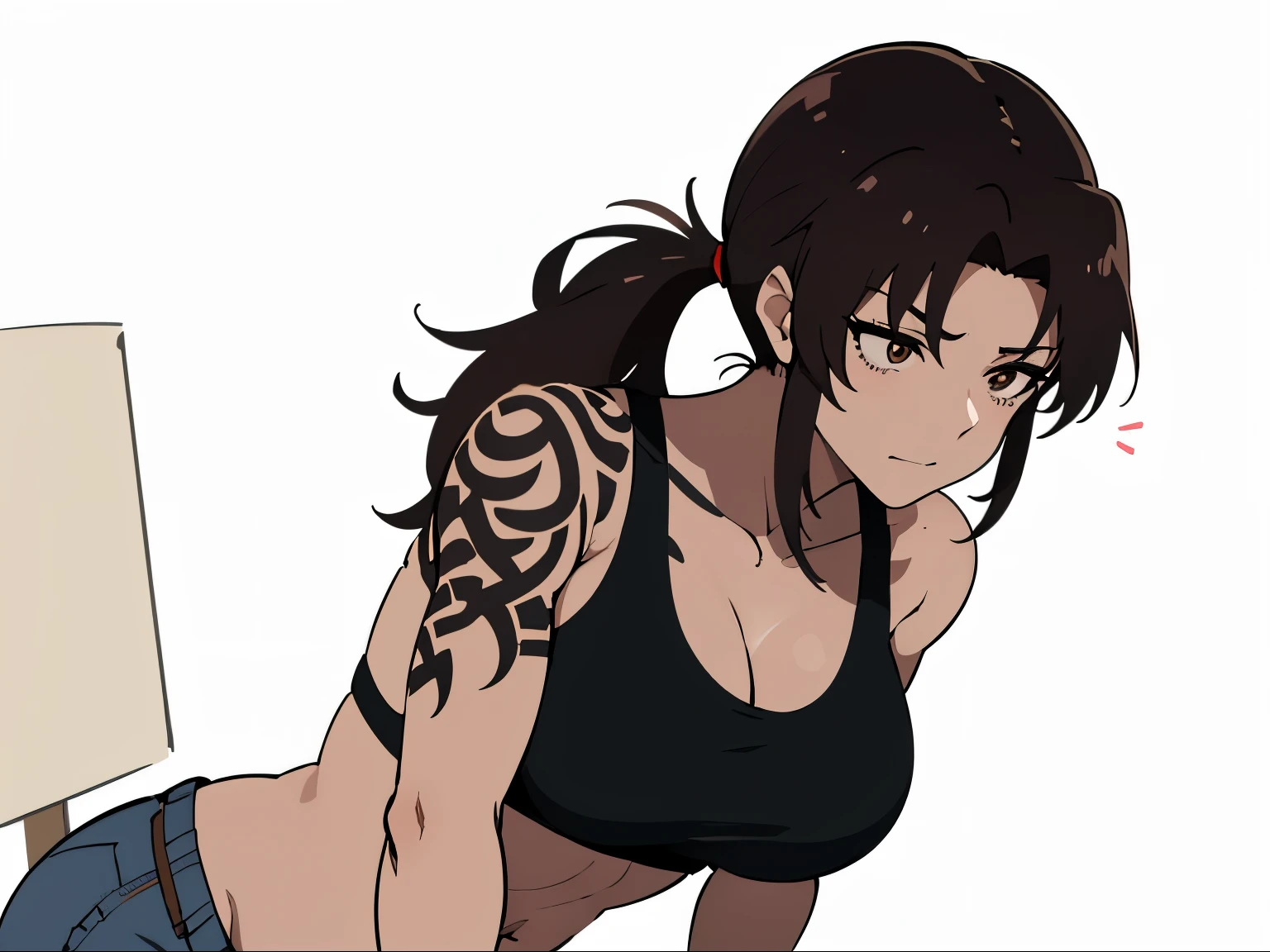 茶髪とデニムショートをかがんだanime woman, long brown hair woman, brown eyed woman, ponytail, solo, anime womanがしゃがんでいる, clothing:black sports bra, big breasts, woman with very large breasts, wore denim shorts, muscular and strong, Tattoo on the right shoulder, female action anime girl, かっこいいanime womanが立っている, anime womanが走っている, strong muscles, tall woman, adult sex appeal, muscular woman, anime woman, sports bra with an black, anime style characters, female focus,