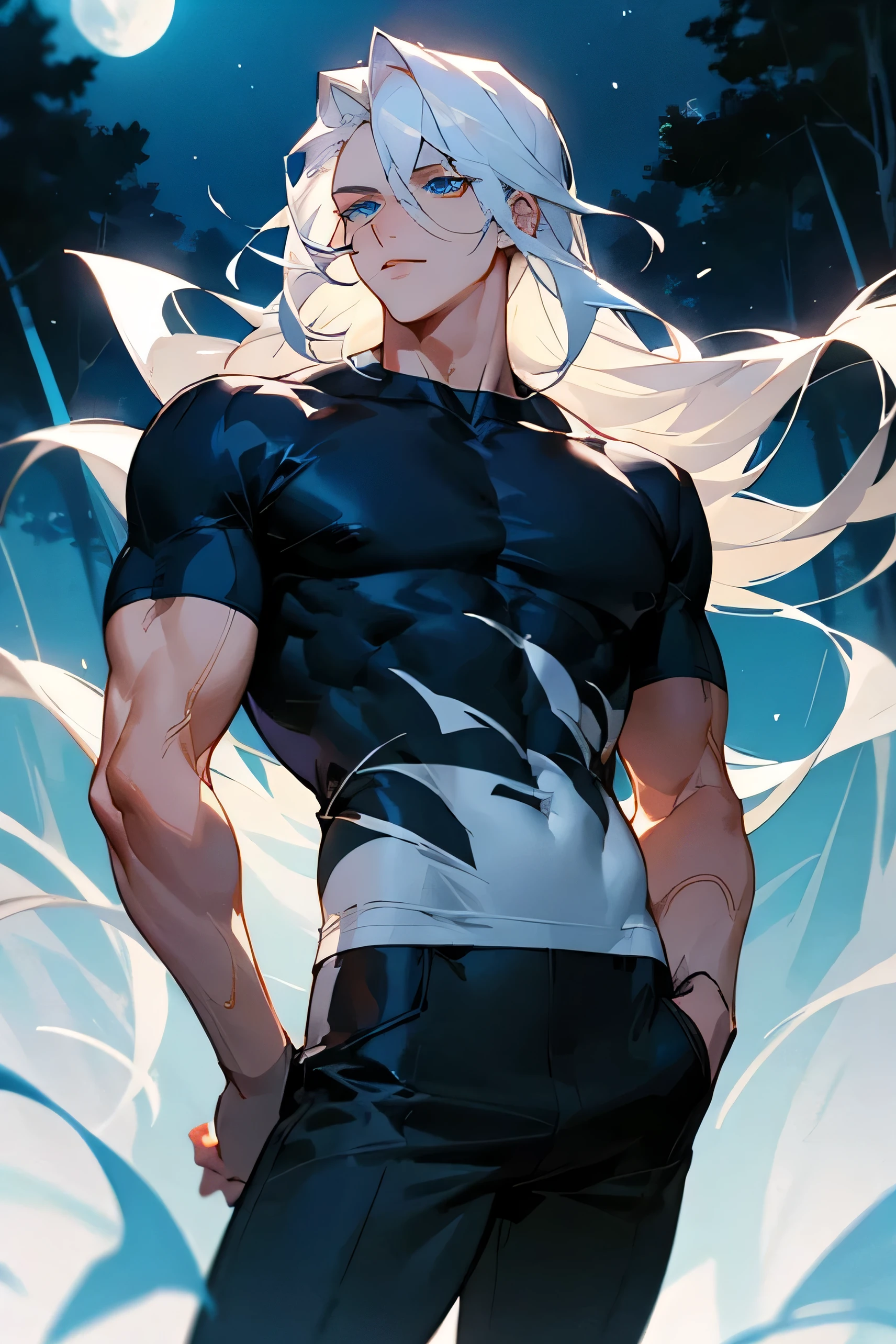 Manhwa bl aesthetic impressionism style, man man with long curly style white hair that goes beyond the shoulders pale skin, Olhos azuis brilhantes , vestindo uma fenda branca Ele estava vestindo uma camiseta preta aberta, wearing a dark red shirt with tight black pants. seu corpo perfeito e sem marcas e ele tem peitorais grandes e suculentos no meio da floresta com os raios da lua iluminando-o 