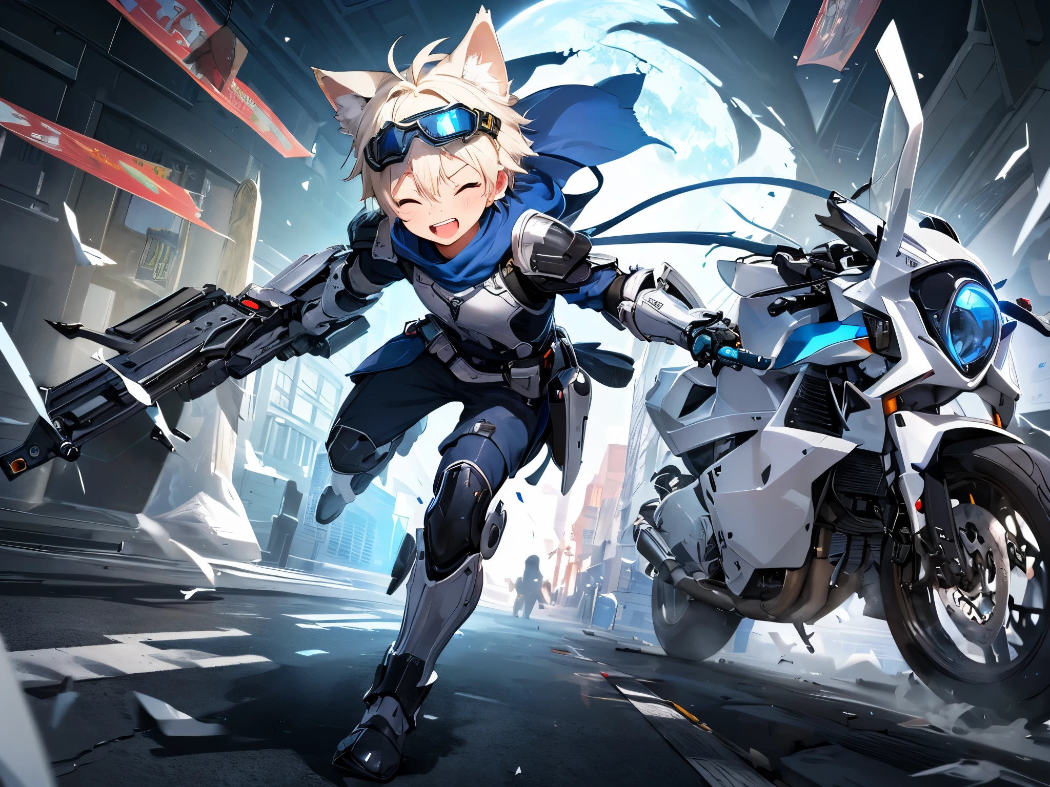 ((1 boy))，solo，straight hair，wolf ears，((blue visor goggles)) , Painful face，Grit your teeth，blood on body，one eye closed ,(transparent background)，(Blue and white full body mechanical armor)，turtleneck bodysuit，white boots, white tail，scars，game over，Kneelling ,(all fours) , Shadow effects, ORZ