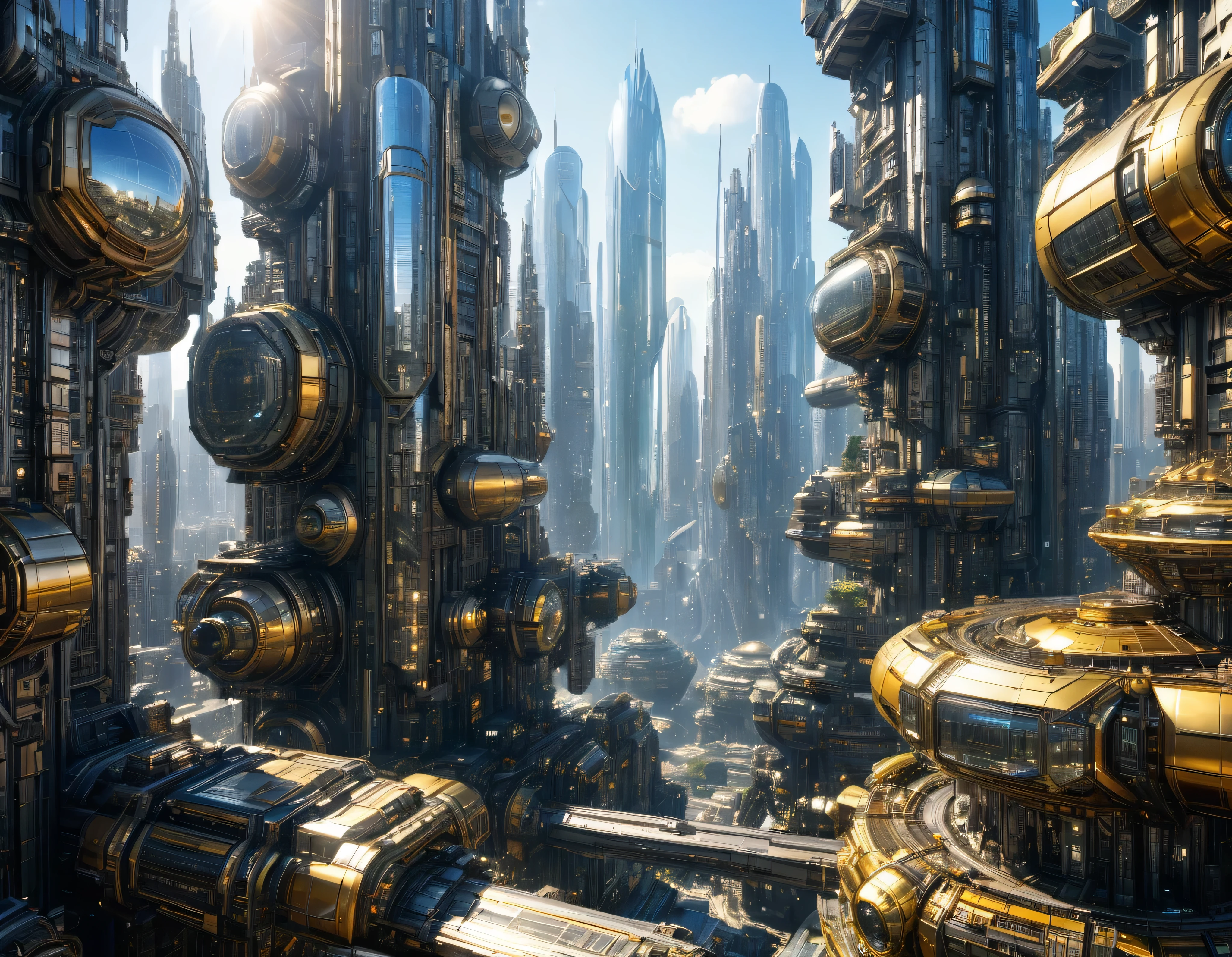 (sunny mid-morning lighting), megacity, megalopolis of an imaginary world of science fiction and maximum fantasy, con inmensos edificios ovalados , rascacielos y dodecaedricos agrupados de metal y cristal donde predomina el oro. imagen bien definida 8k, (intrincados detalles de la maquina), con muchos edificios juntos.(obra maestra de superior calidad).(imagen fotorrealista), nitidez absoluta hasta el fondo.