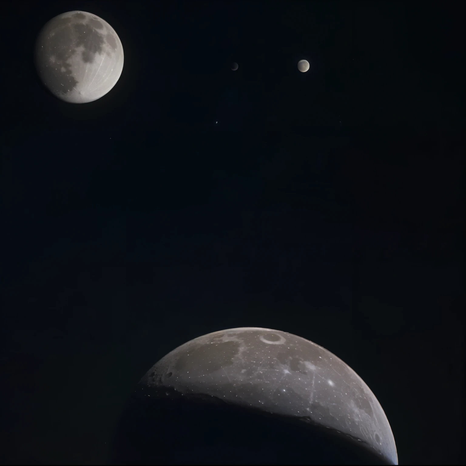 An imaginary view of the night sky in which the planet Saturn on the right and the moon on the left of the image are clearly zoomed in, as if the photo was taken from a distance of 3,000 miles.