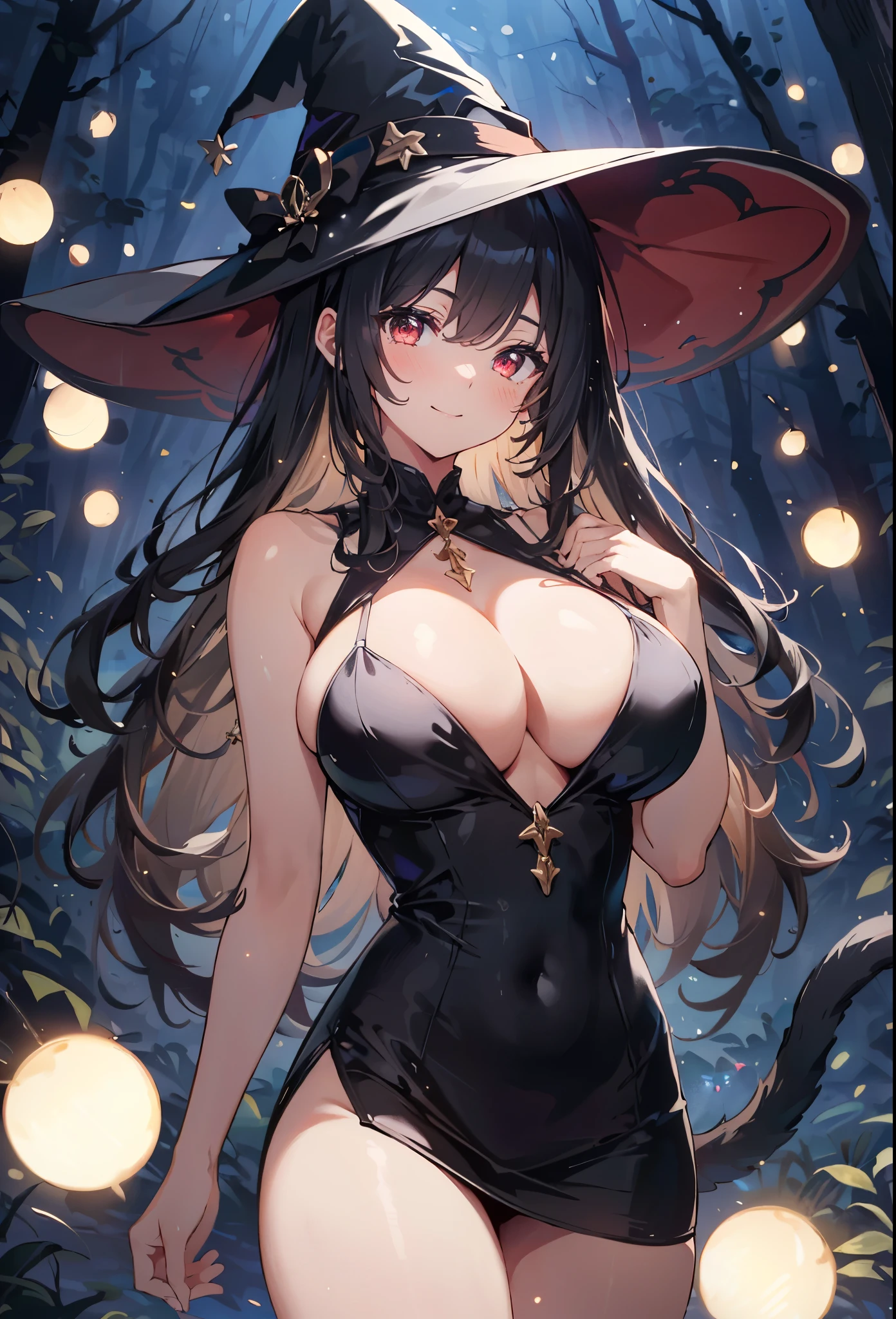 high quality, ultra detailed, best quality, insanely detailed, beautiful, masterpiece, 1girl, solo, illustration, night forest, particle lights, cowboy shot, looking at viewer, red eyes, long hair, bangs, black hair, witch, witch hat, bodycon dress, cat tail, large breasts, cleavage, thighs, closed mouth, smile, blush