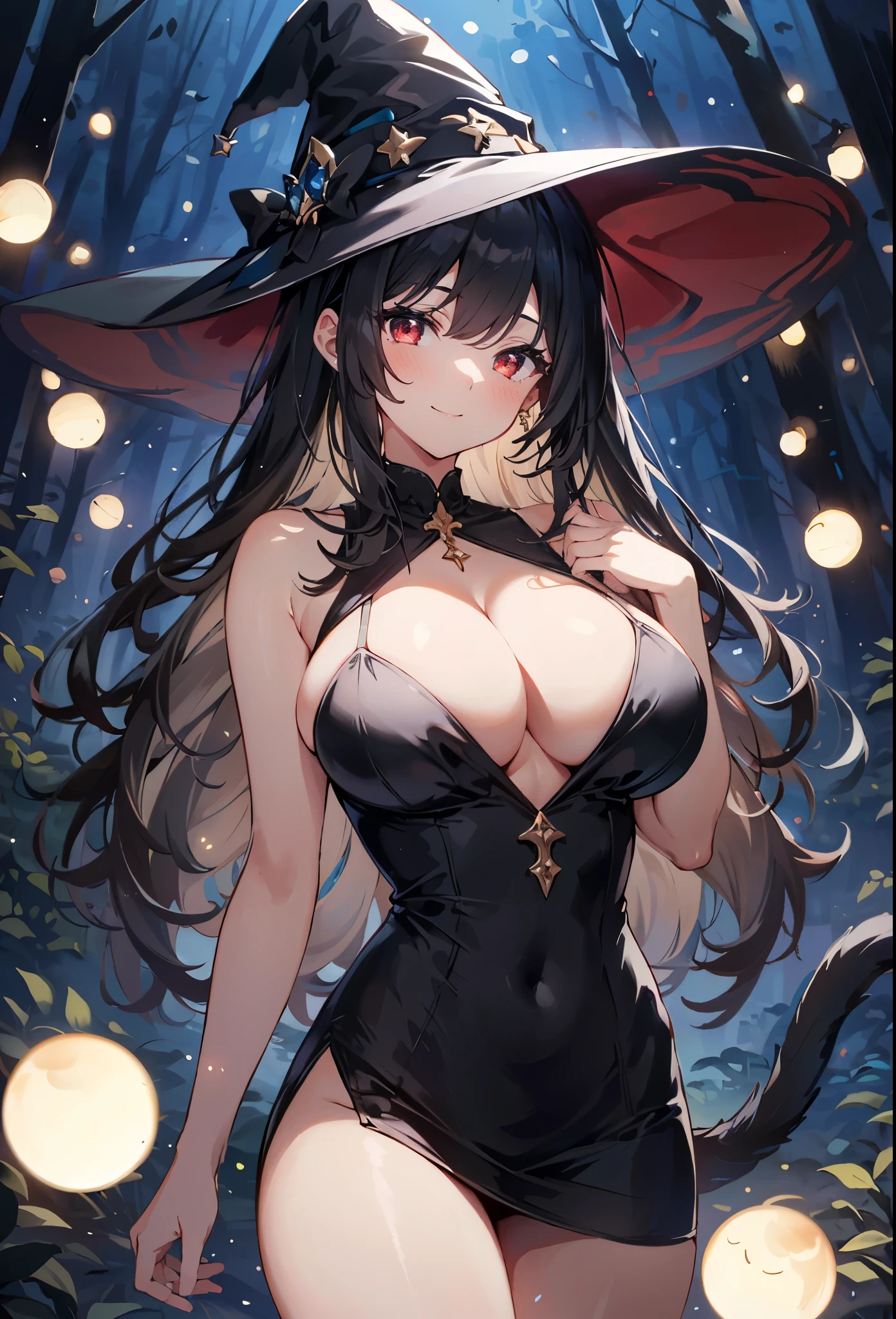 high quality, ultra detailed, best quality, insanely detailed, beautiful, masterpiece, 1girl, solo, illustration, night forest, particle lights, cowboy shot, looking at viewer, red eyes, long hair, bangs, black hair, witch, witch hat, bodycon dress, cat tail, , cleavage, thighs, closed mouth, smile, blush