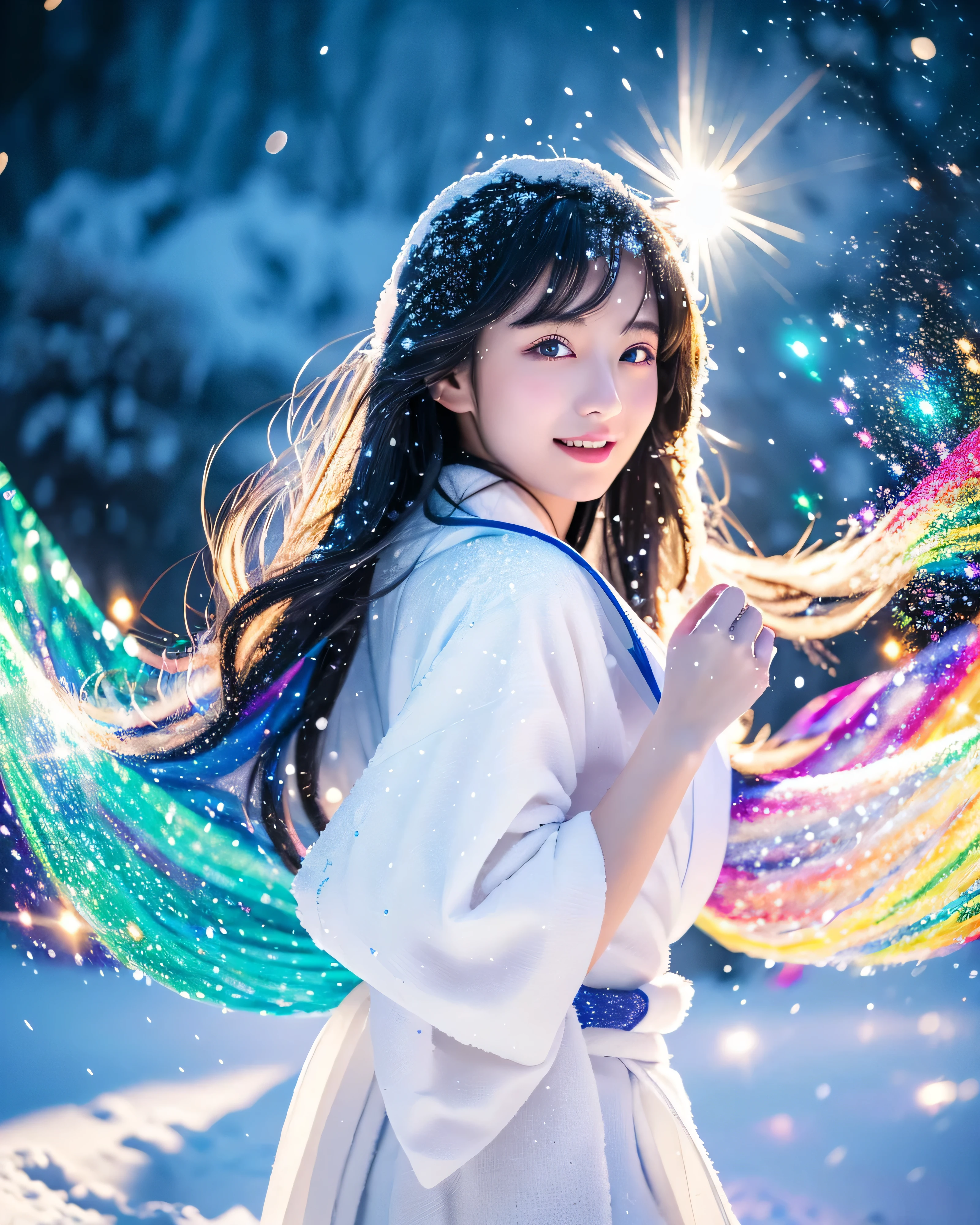 (highest quality, 8k, High resolution, masterpiece:1.5, ), beautiful japanese girl, snow girl, 20-year-old, perfect human anatomy, big magic eyes, A fleeting expression, Dense black hair swaying in the wind, Long hair that shines like a starry sky, asymmetrical bangs, smooth and soft white skin, ((white kimono)), fine fabric, (Colorful sparkling snow particles dance in the background:1.3), ((Snowy mountains in a blizzard)), professional lighting, professional photographer, professional model