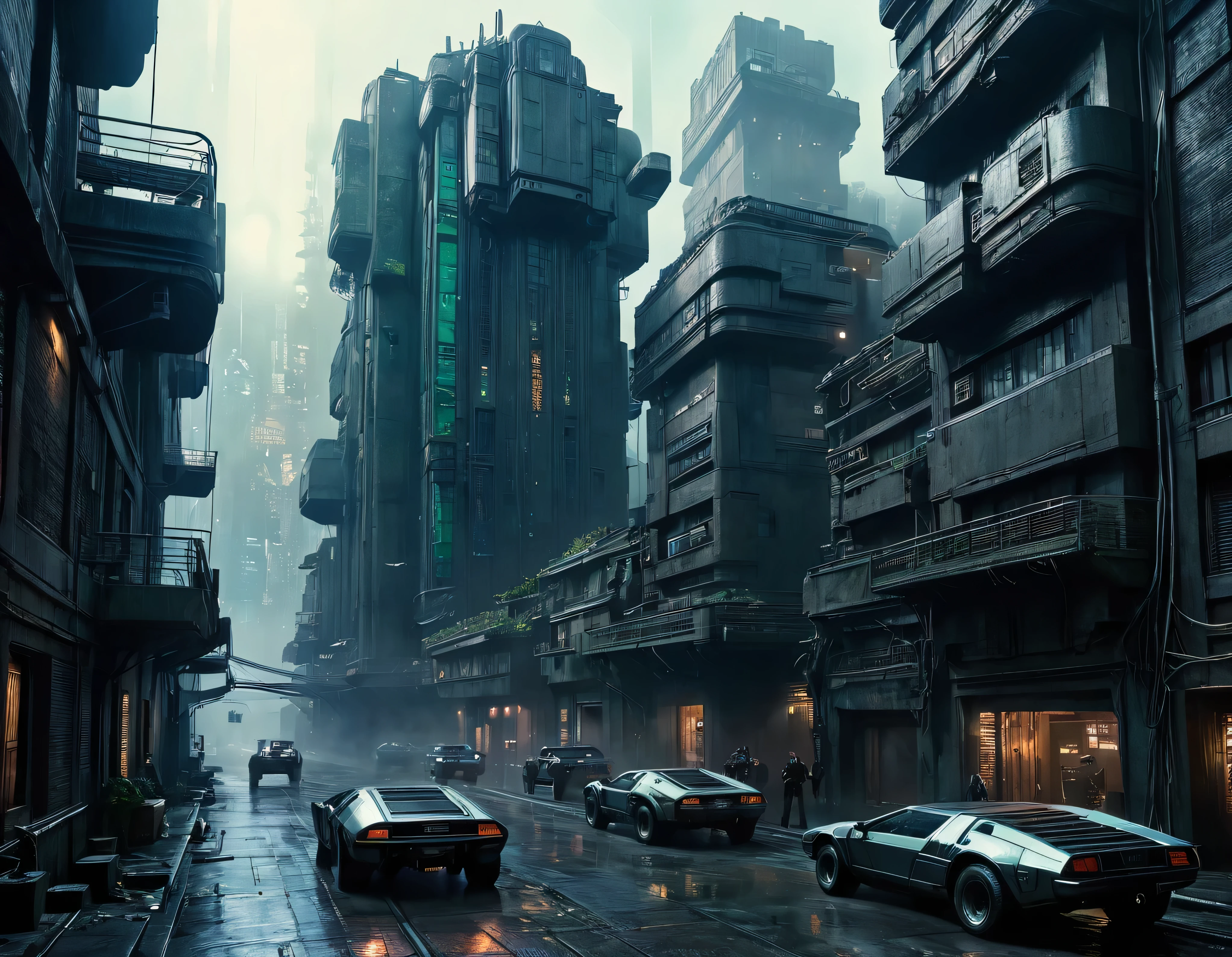 imagen de blade runner donde se aprecia el edificio tyrell corporation , calles adyacentes y pistas de naves- coches volando, en ambiente cyberpunk y futurista, obra maestra , detalles intrincados de la maquina , 8k.